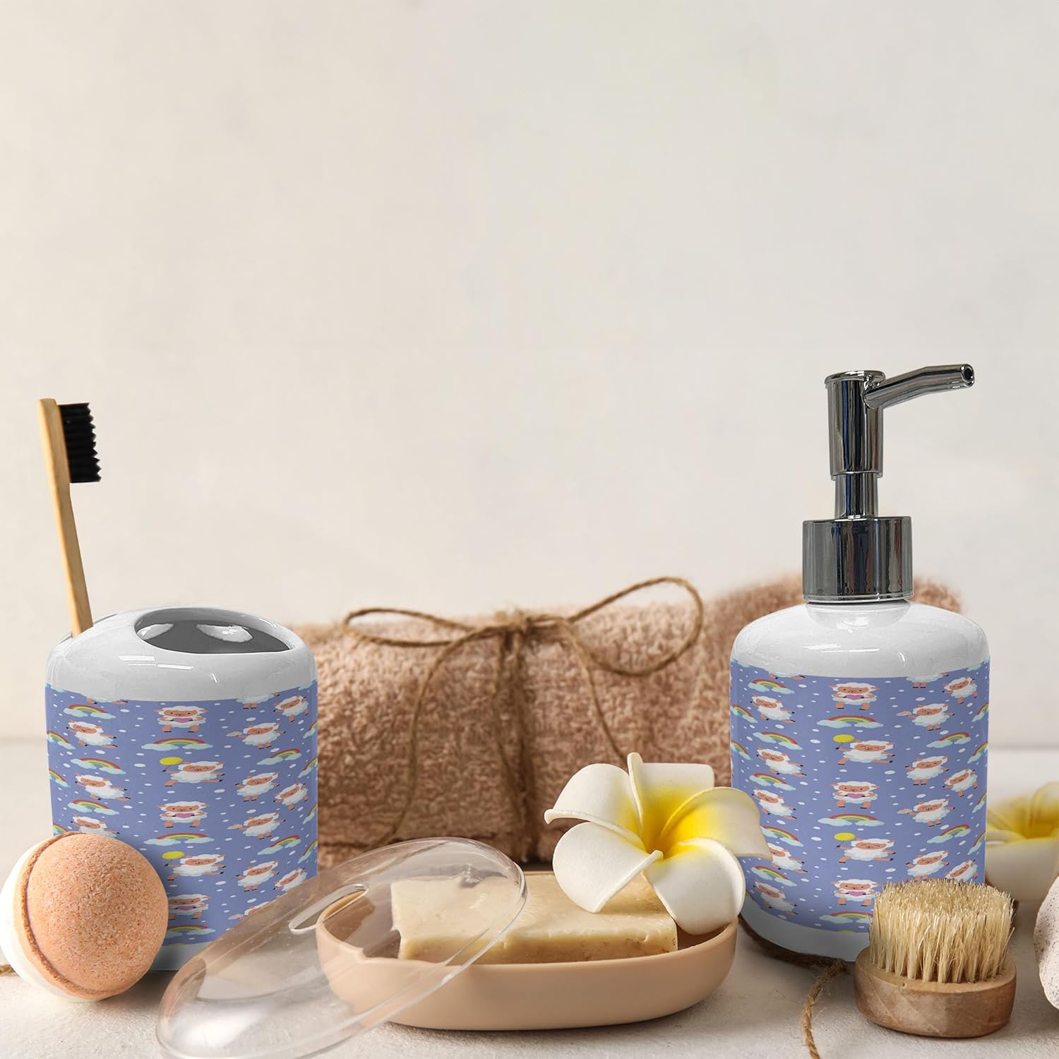 Ambesonne Funny Lamb Soap Toothbrush Holder Set 2 Pcs