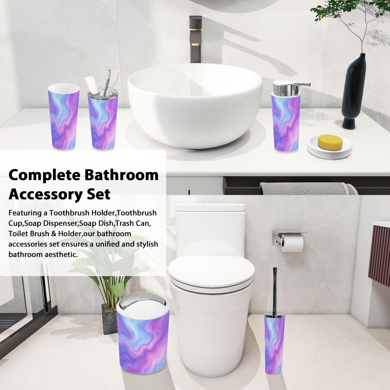Boho Soft Pastel Bathroom Accessory Set 6 Piece