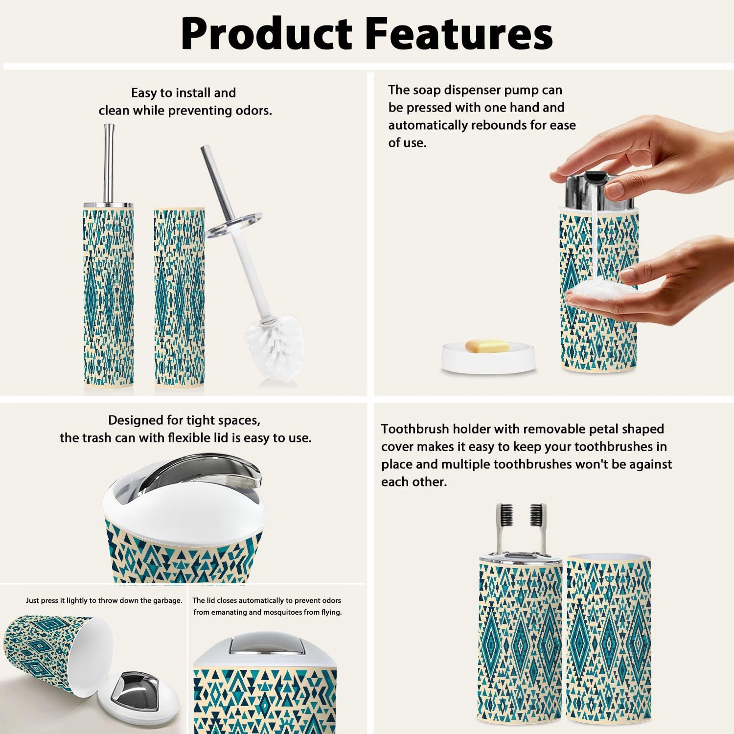 Boho Aztec Bathroom Accessory Set of 6 1