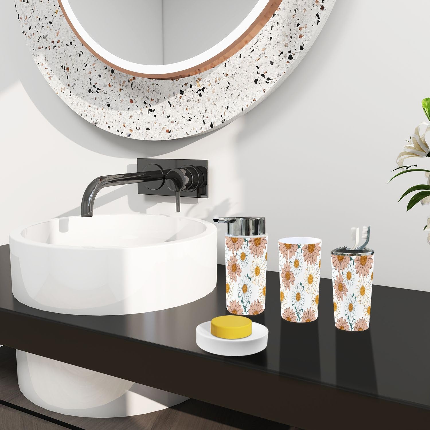 Boho Bathroom Accessory Set 6 Piece Chamomile Design