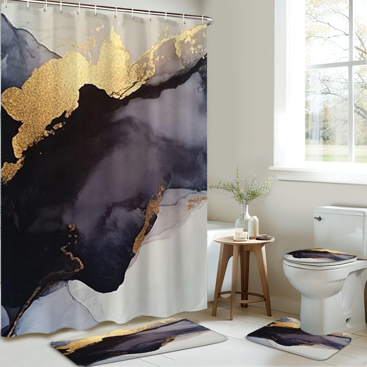 4-Piece Shower Curtain Set with Non-Slip Mats and Rugs