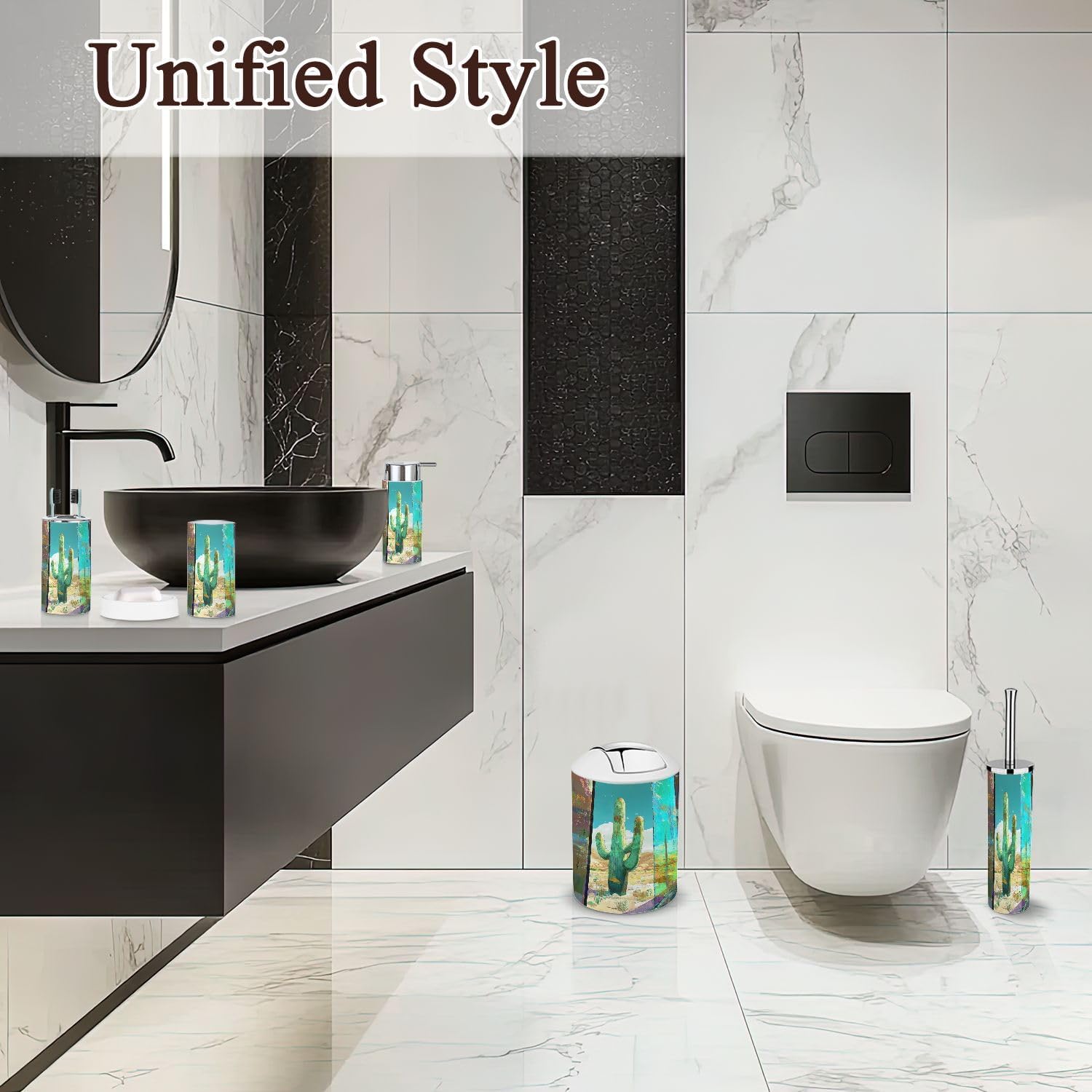 6-Piece Boho Bathroom Accessories Set with Cactus Design