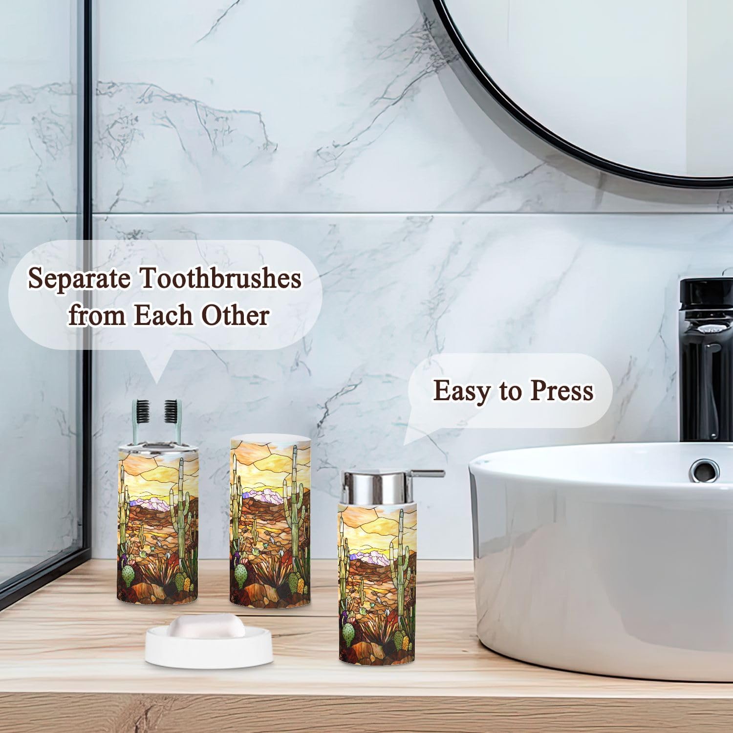 6 Piece Bathroom Accessories Set with Desert Cacti Stained Glass Design