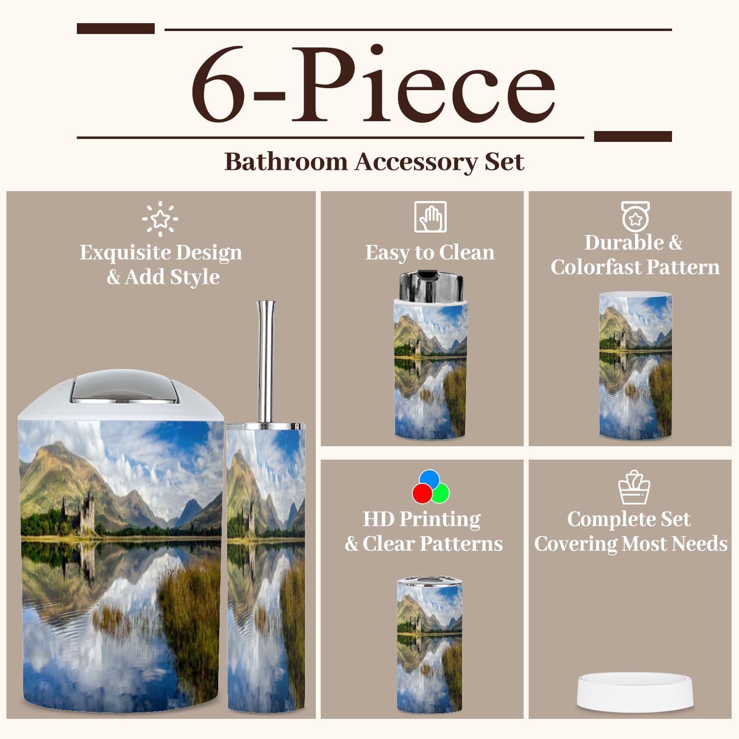 6-Piece Bathroom Accessories Set with Boho Decor