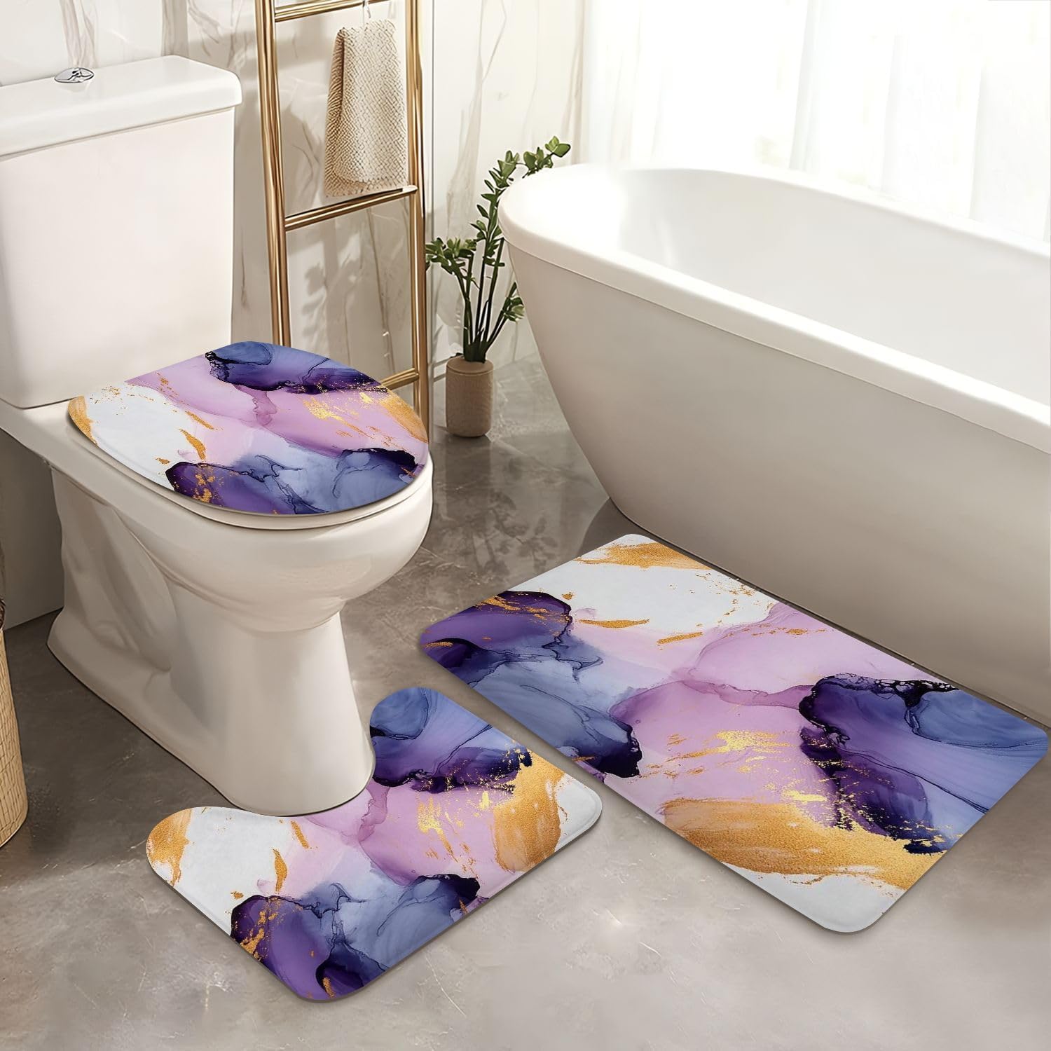 4 Piece Shower Curtain Set with Rugs and Toilet Lid Cover Mat