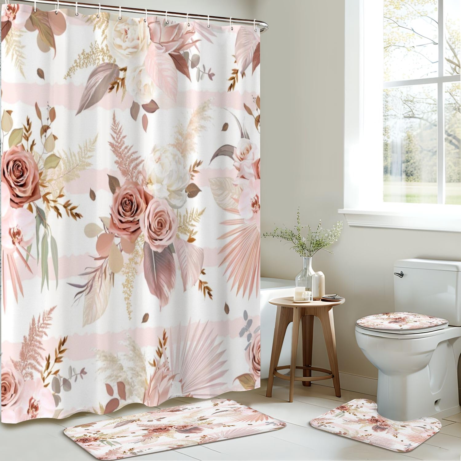 4 Piece Shower Curtain Set with Rugs and Mat Covers