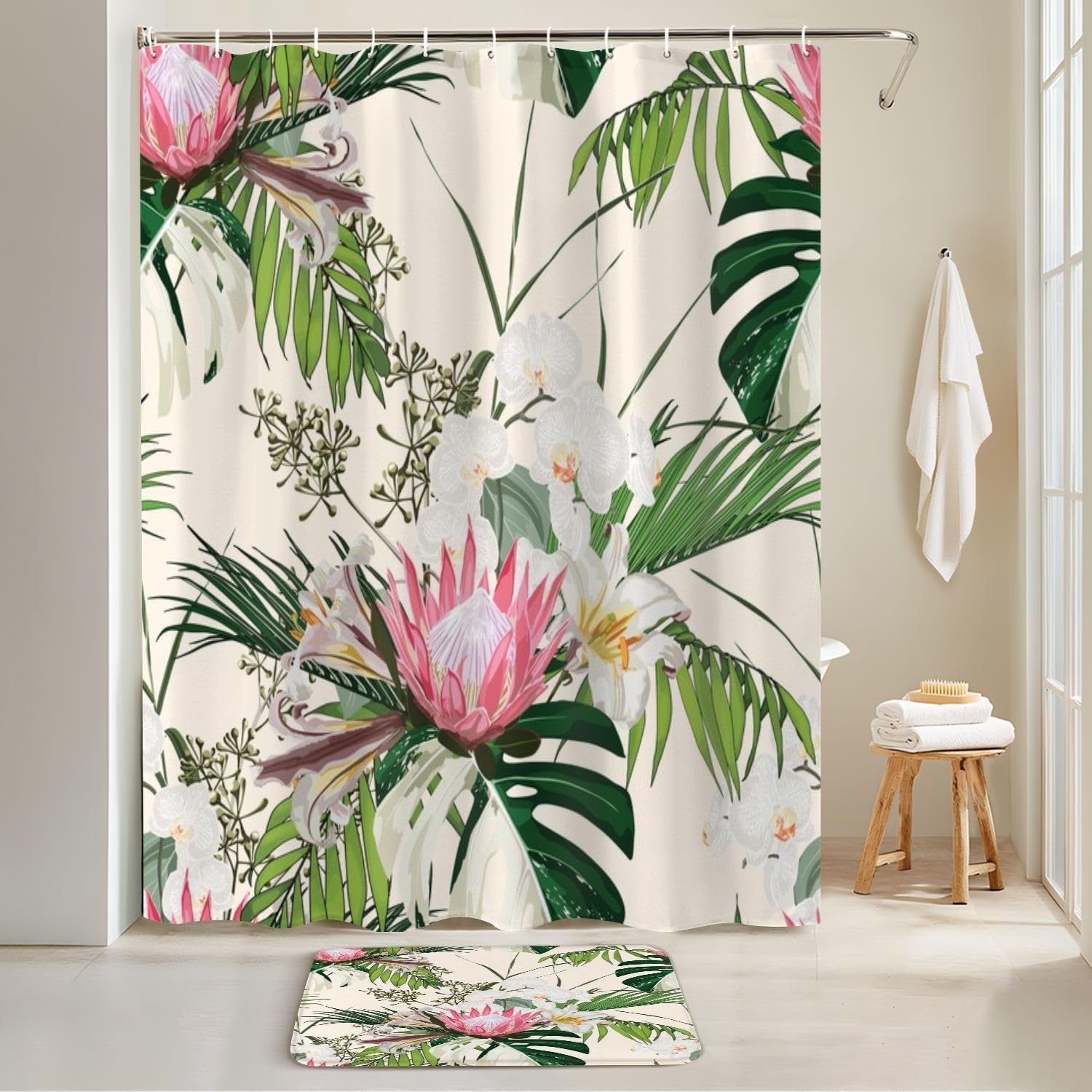 4 Piece Shower Curtain Set with Rugs and Toilet Lid Cover 1