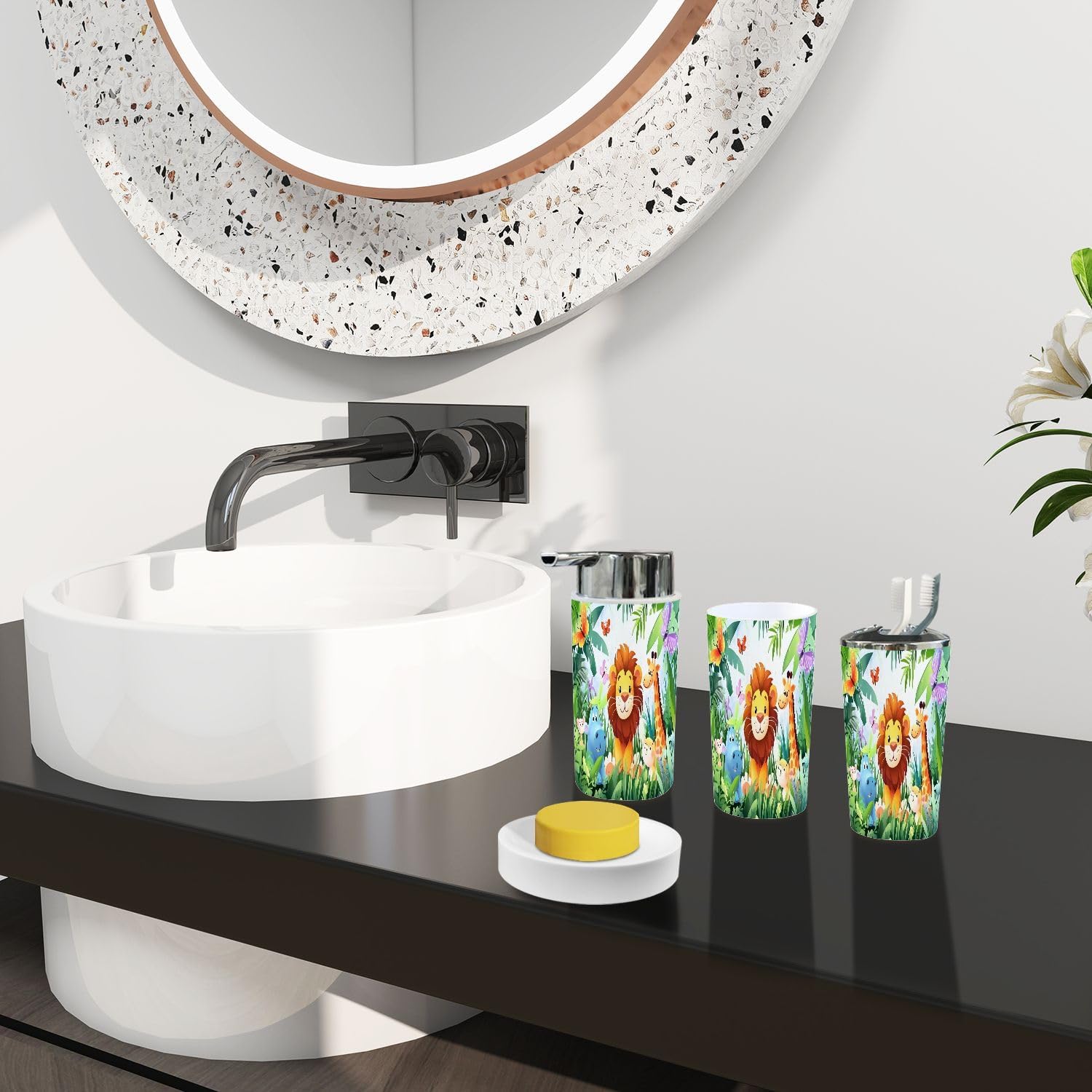 Bathroom Accessory Set 6 Piece for Kids Jungle Animals