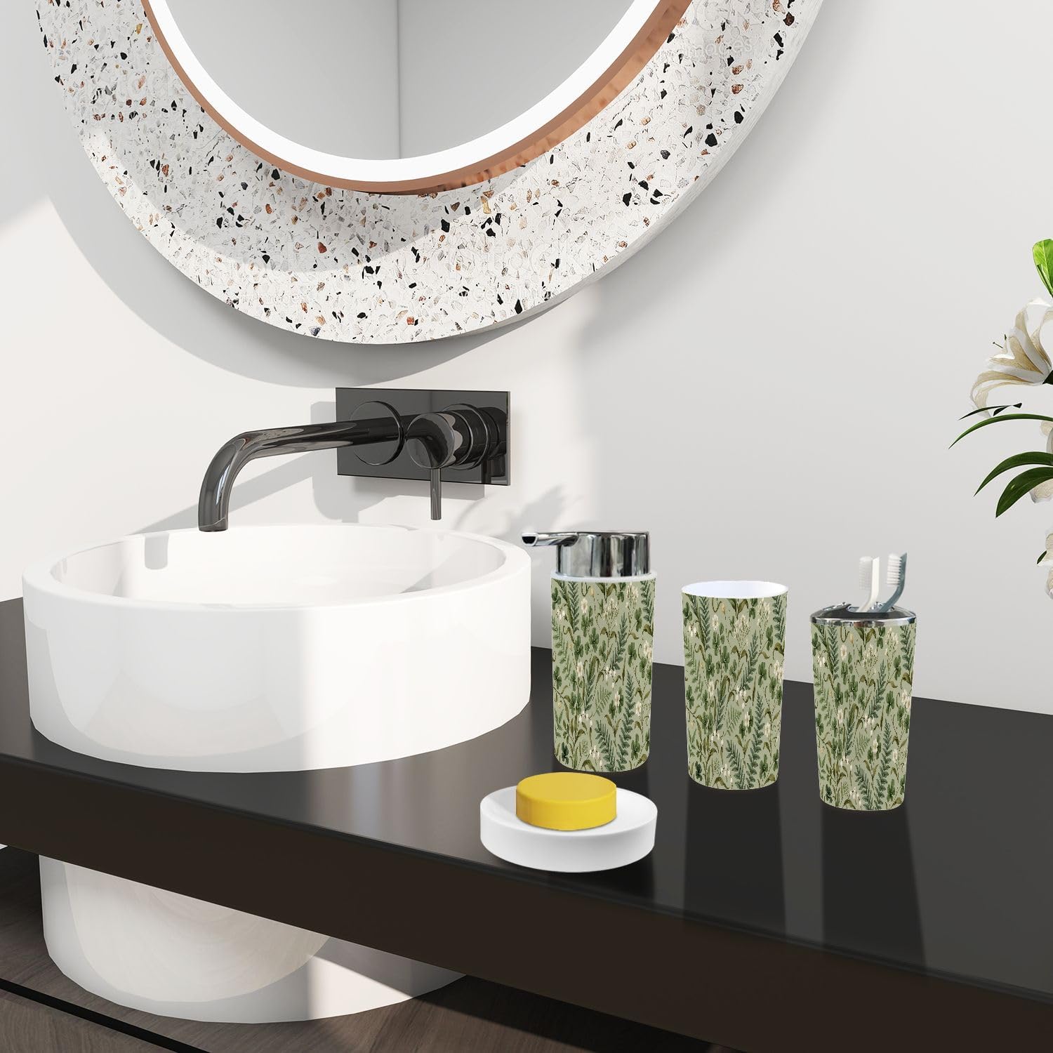Boho Bathroom Accessory Set 6 Piece White Flowers Fern Leaves