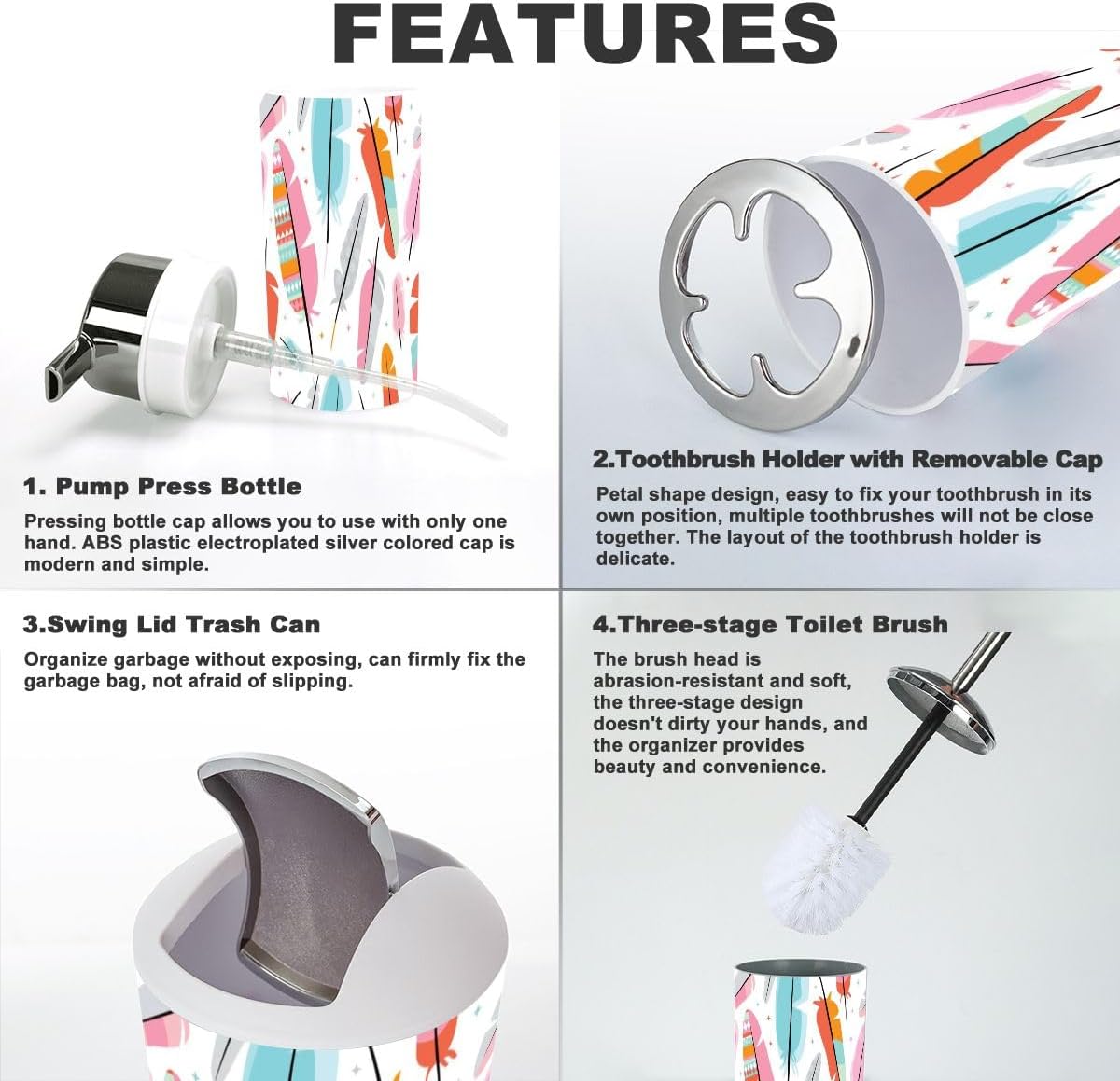 Modern Bathroom Accessories Set 6 Pcs with Feather Aztec Detail