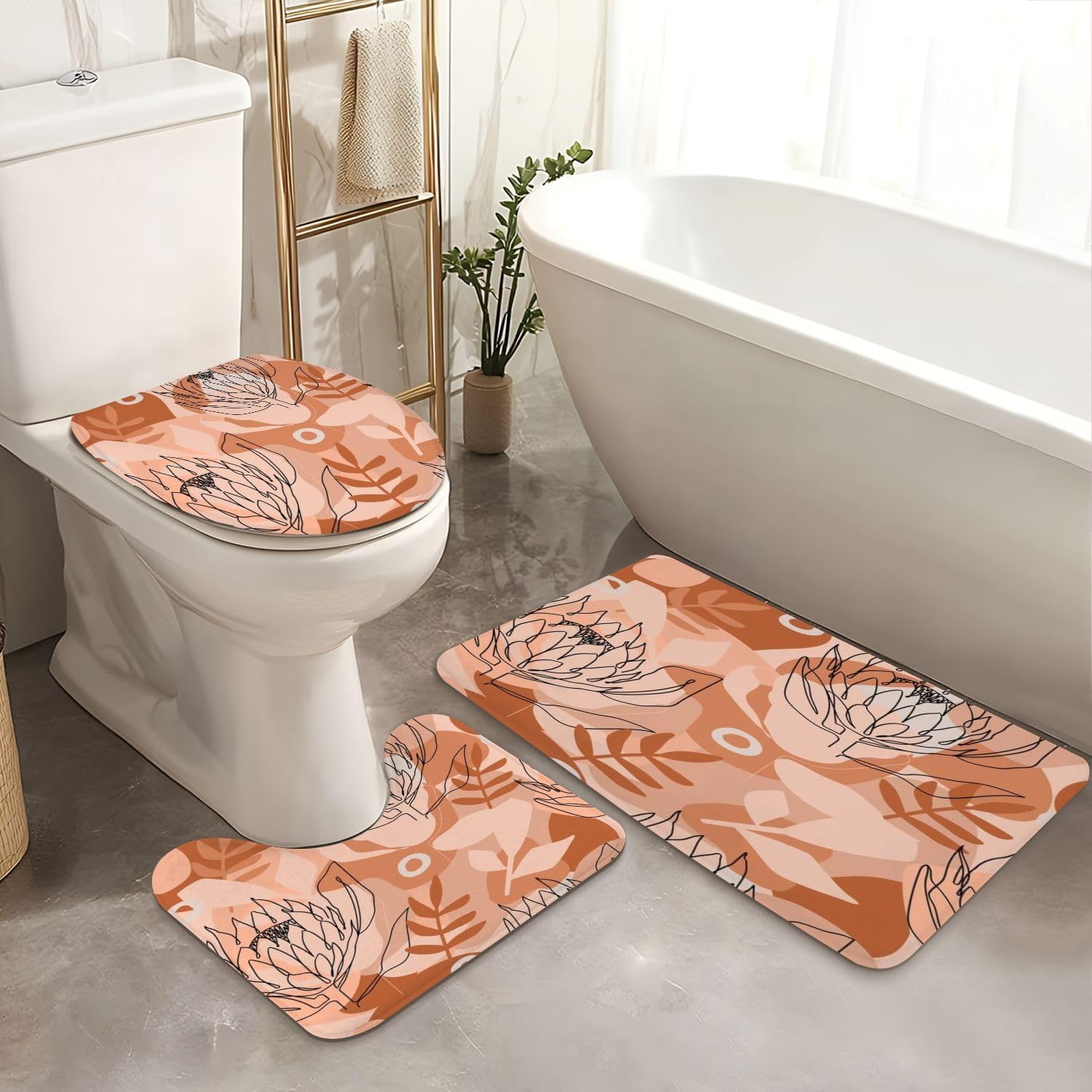 4 Piece Shower Curtain Set with Rugs and Mats Terracotta Pattern