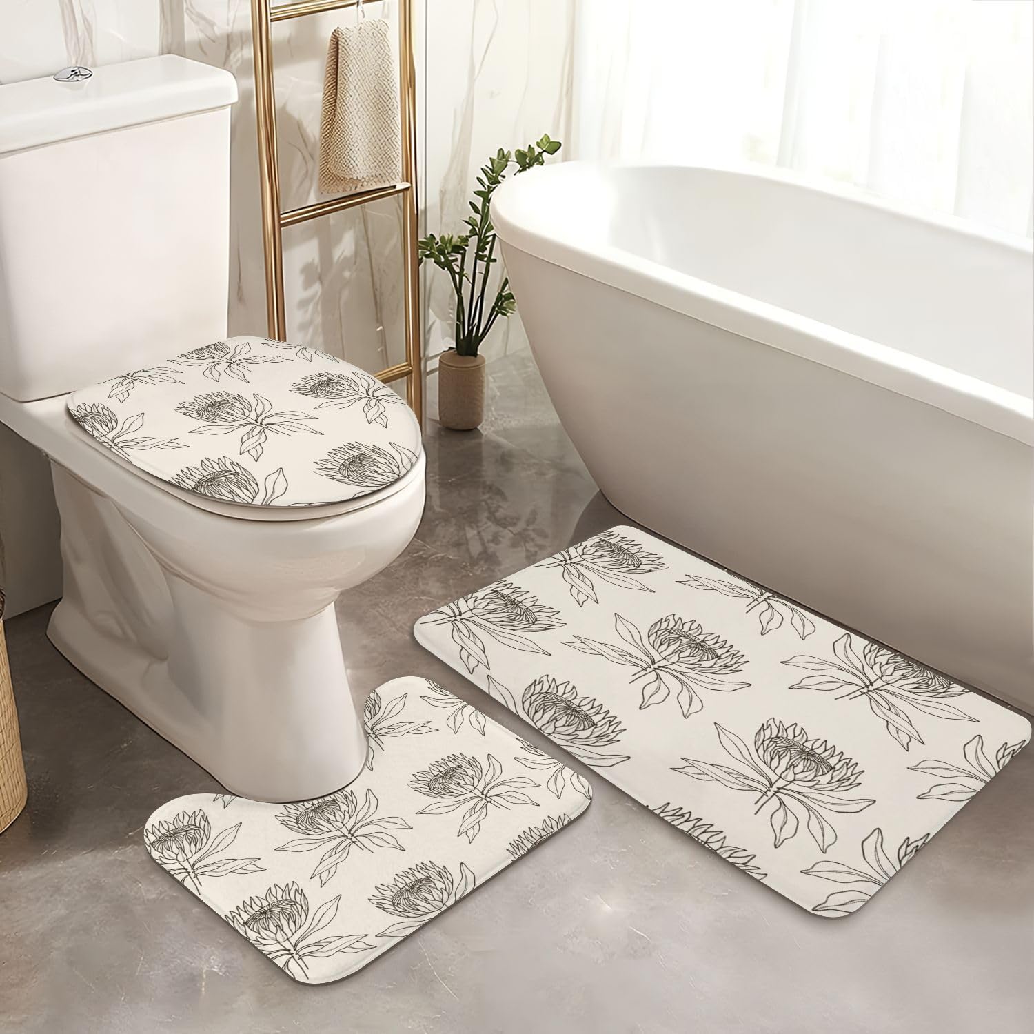 JCOOKLOFTS 4-Piece Shower Curtain Set with Mats
