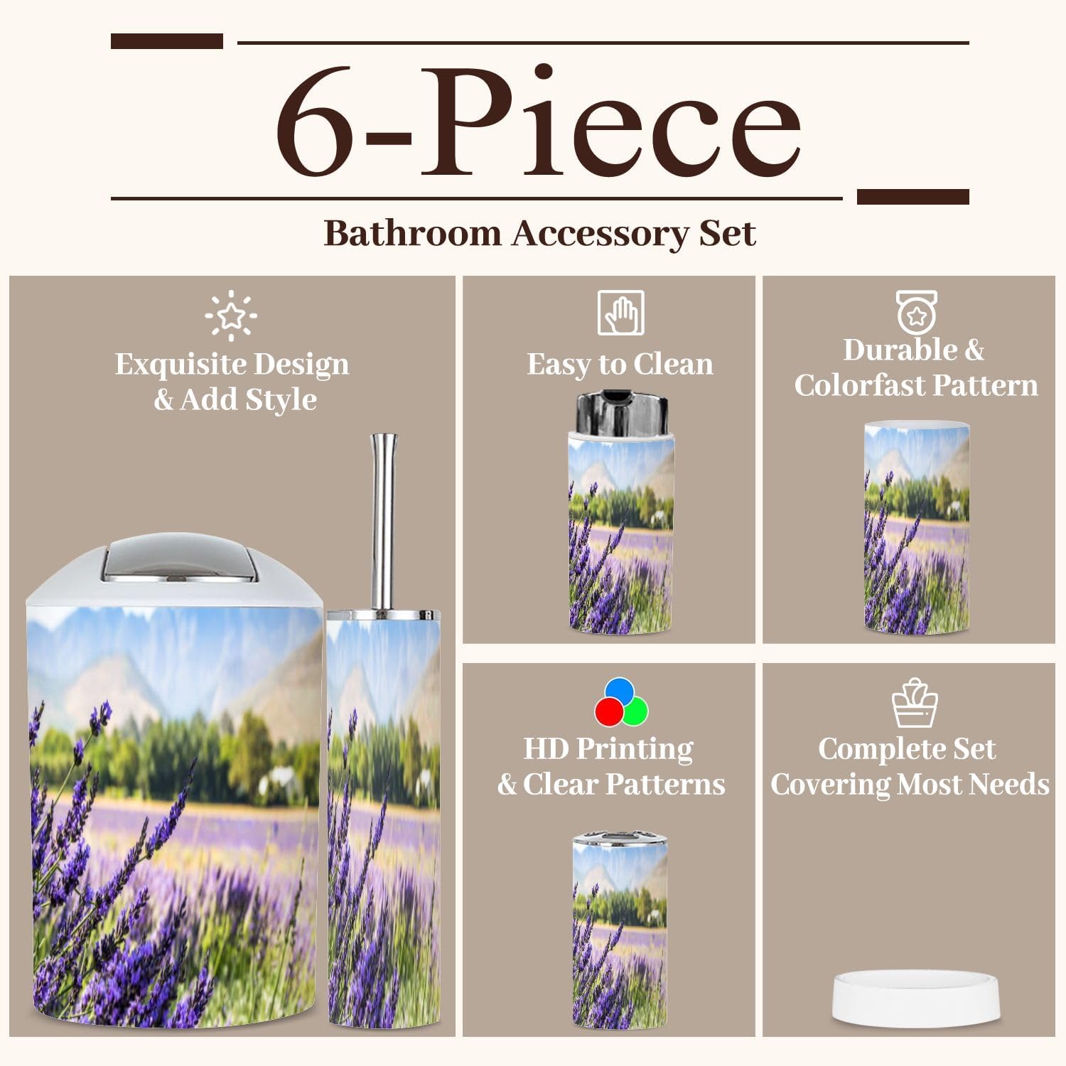 6 Piece Lavender Field Bathroom Accessories Set 1