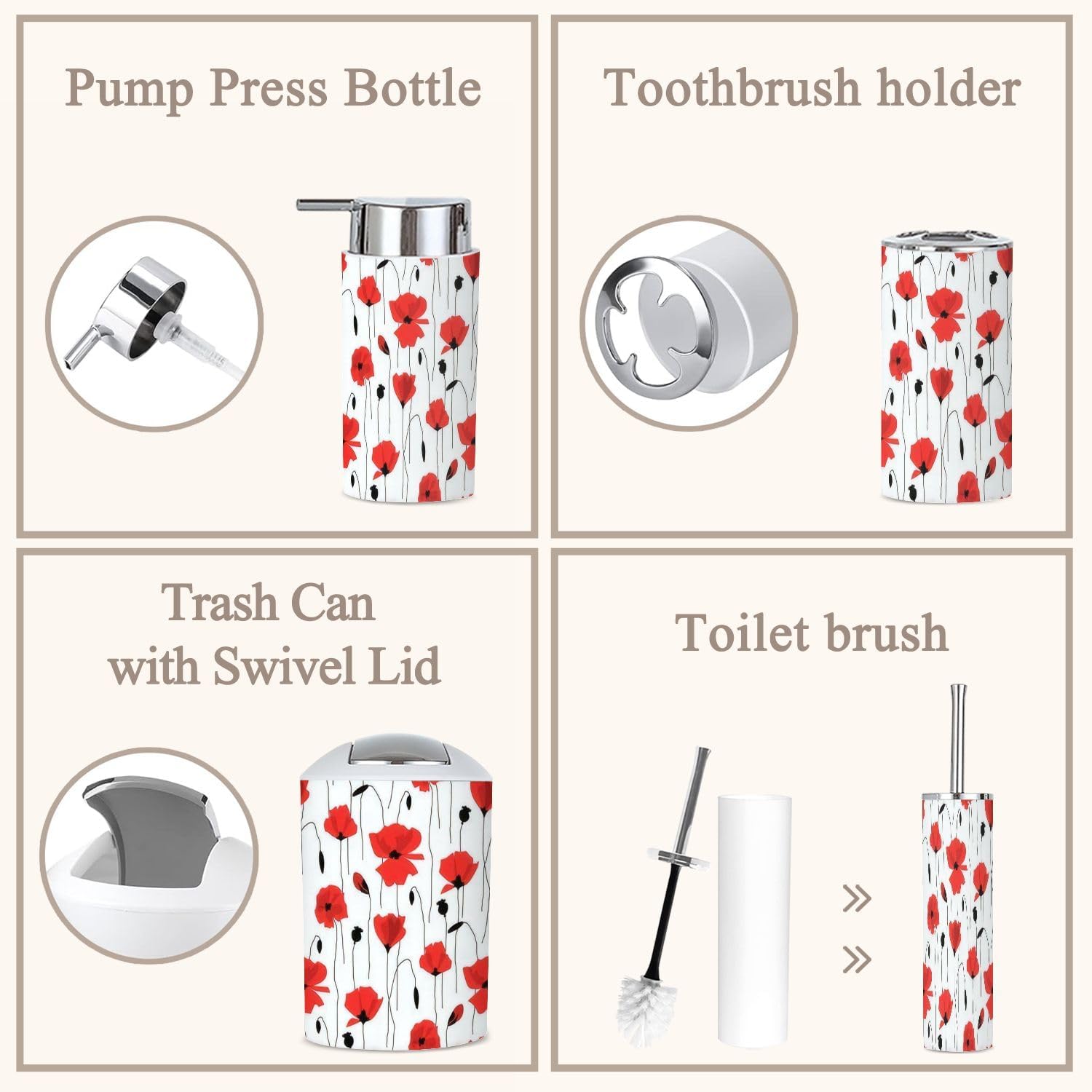 6 Piece Red Flower Bathroom Accessories Set