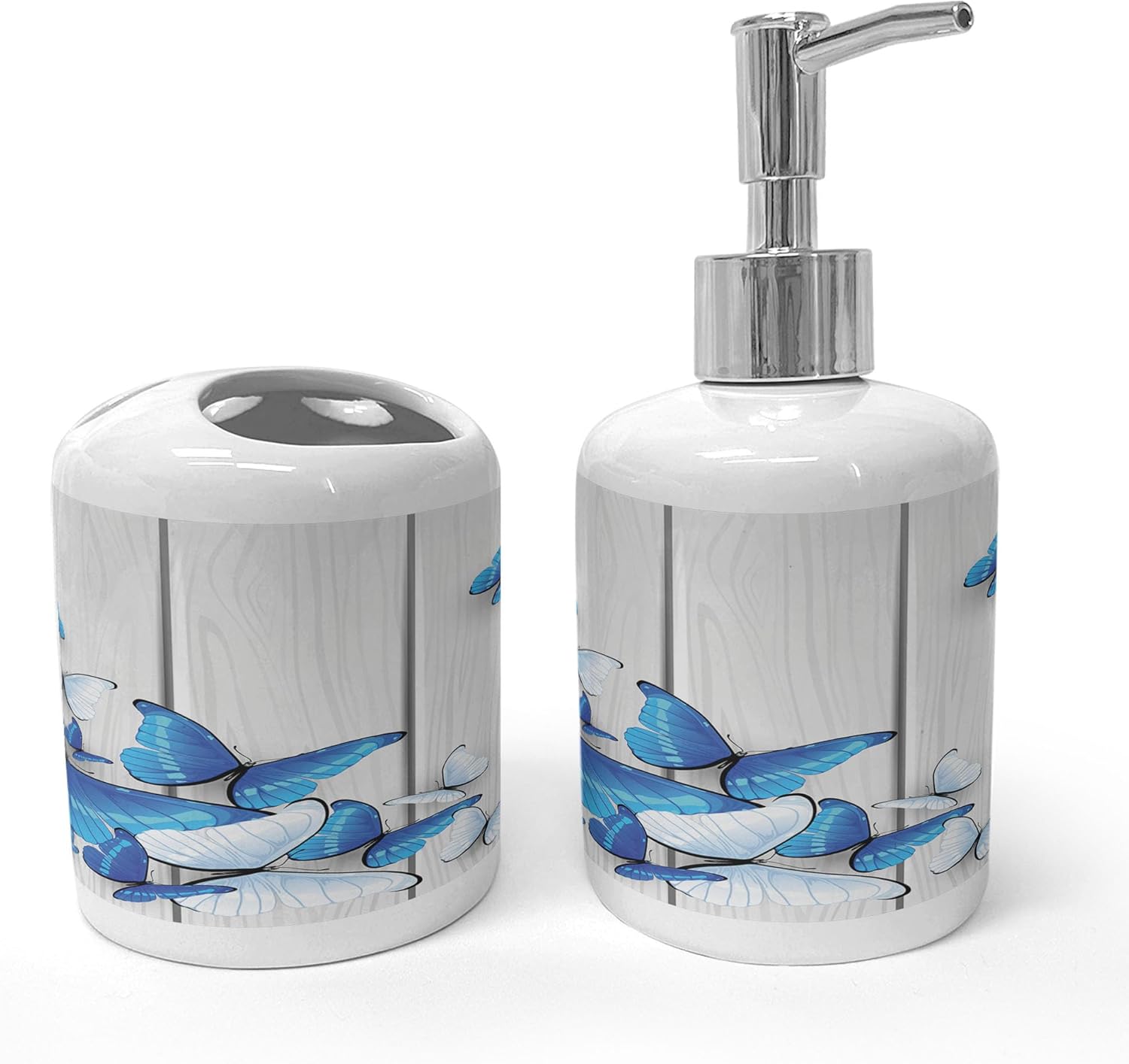 Ambesonne Ceramic Soap Toothbrush Holder Set Blue White Butterflies