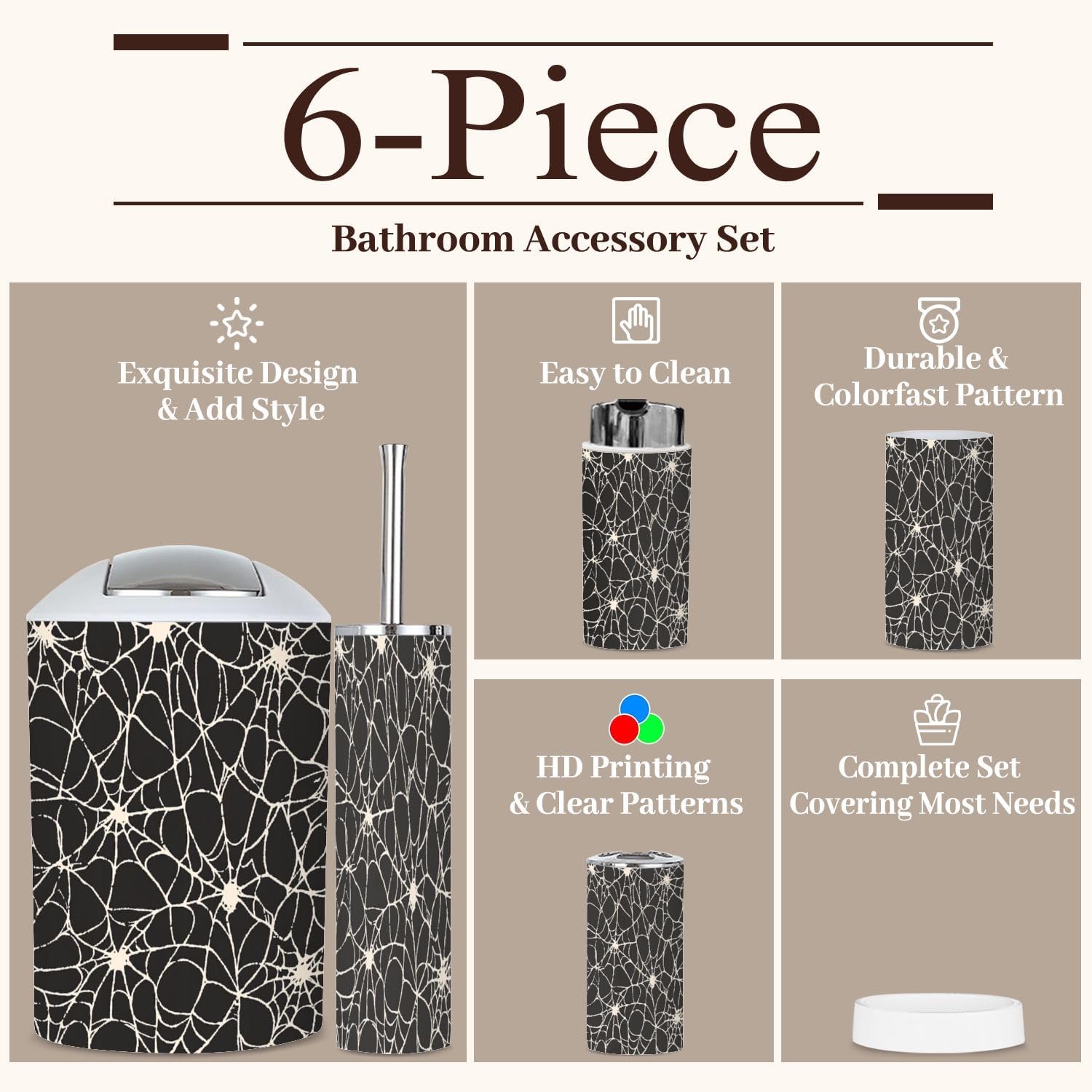 6 Piece Bathroom Accessories Set Spiderweb Pattern