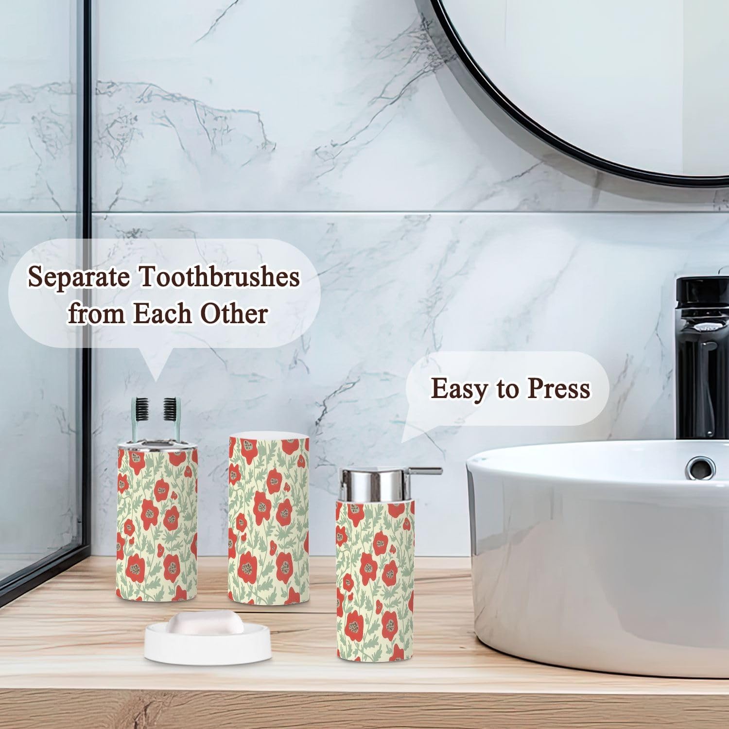 6 Piece Boho Bathroom Accessories Set with Flowers Abstract Design