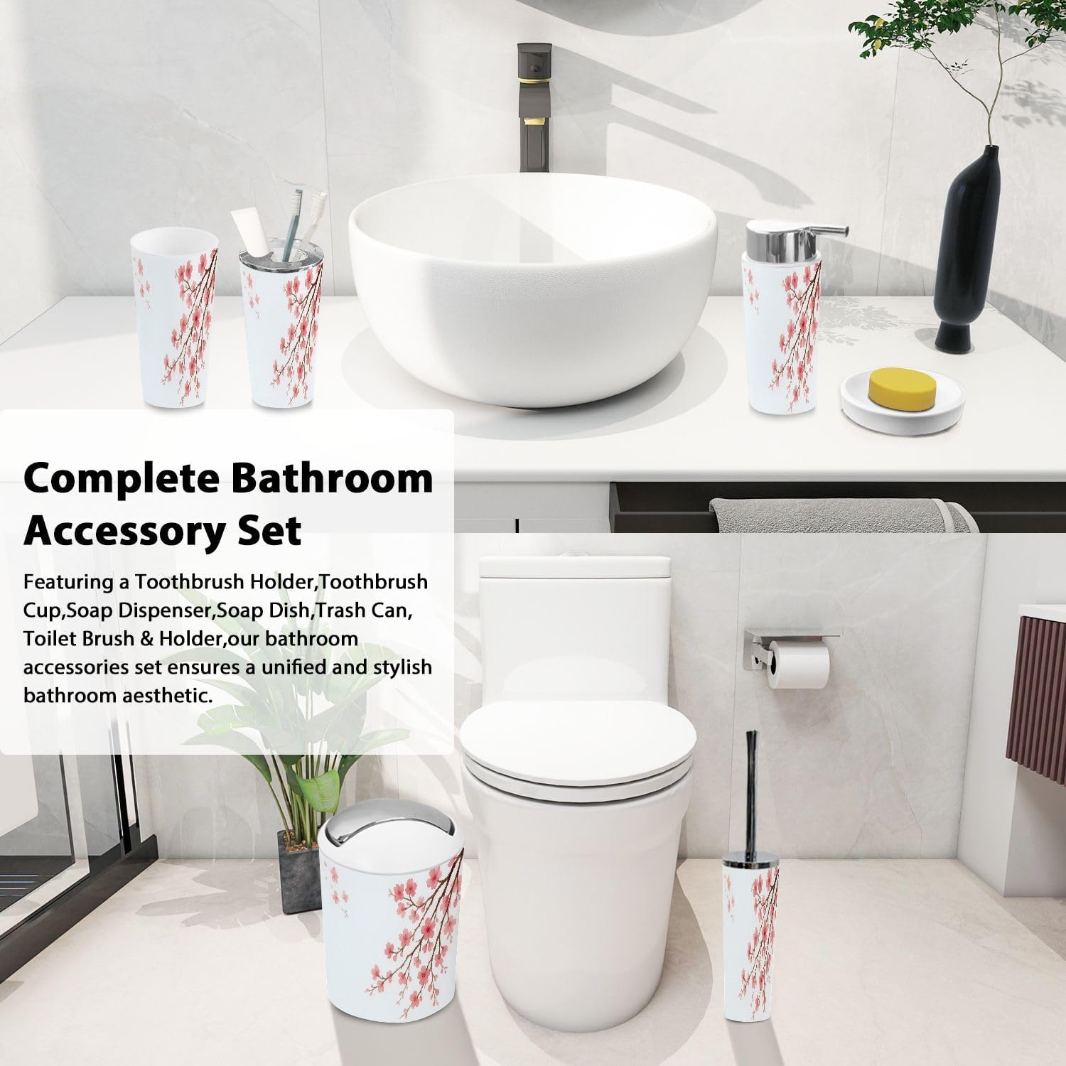 Boho Bathroom Accessory Set 6 Piece Cherry Blossom Design