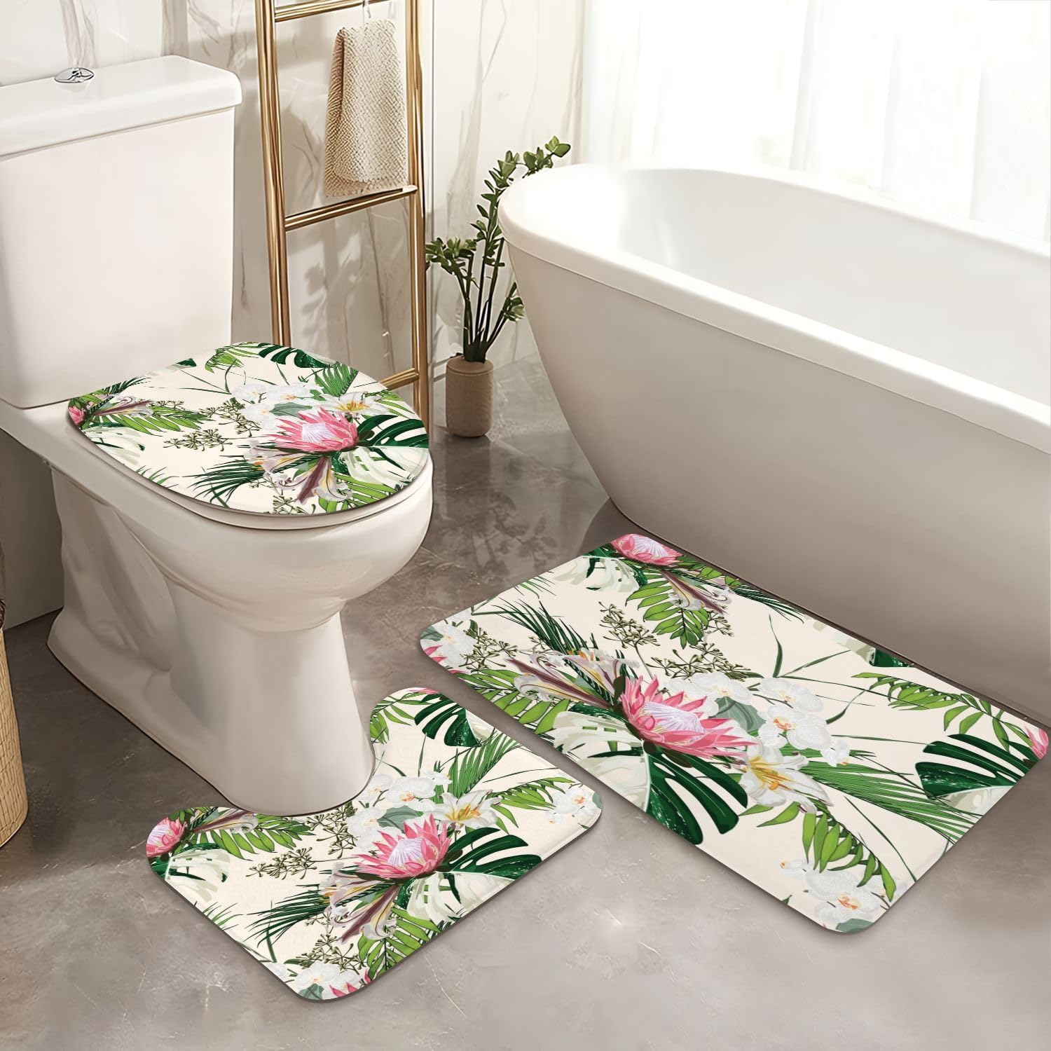 4 Piece Shower Curtain Set with Rugs and Toilet Lid Cover 1