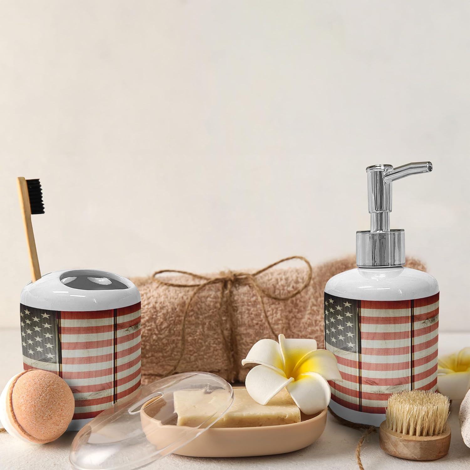 Ambesonne USA Flag Soap Toothbrush Holder Set 2 Pcs Blue Red