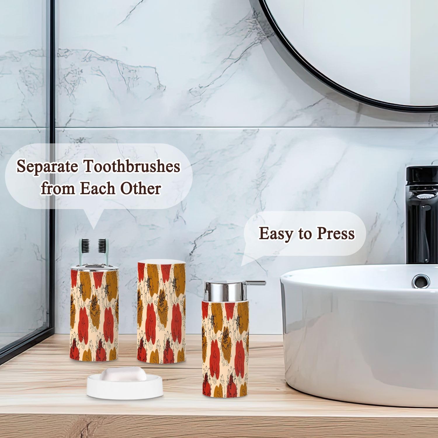 6 Piece Boho Bathroom Accessories Set with Flowers Design