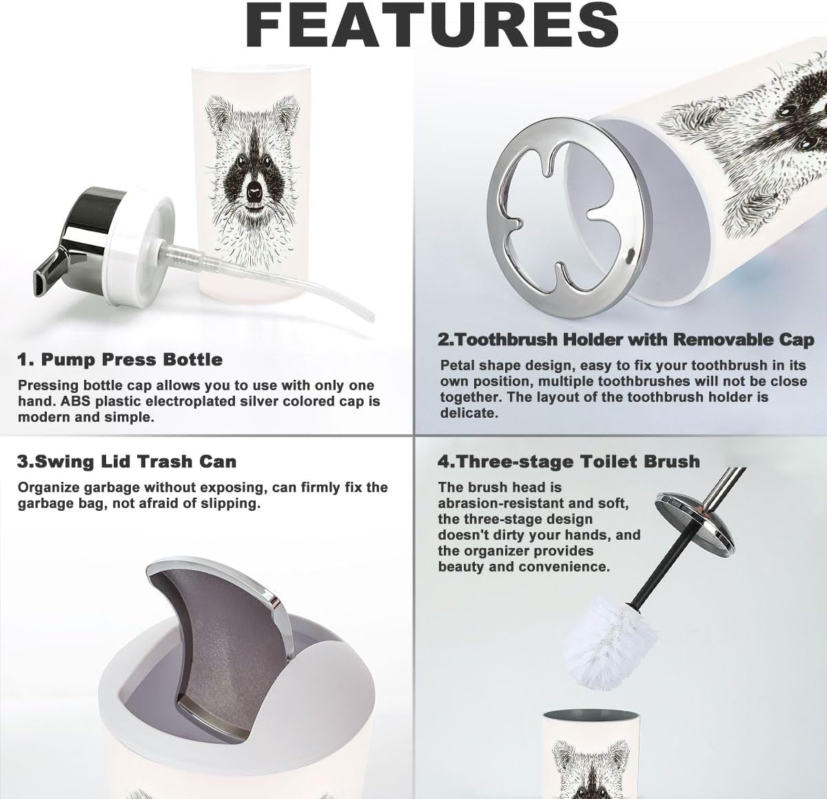 Bathroom Accessories Set 6 Pcs Raccoon Face Design