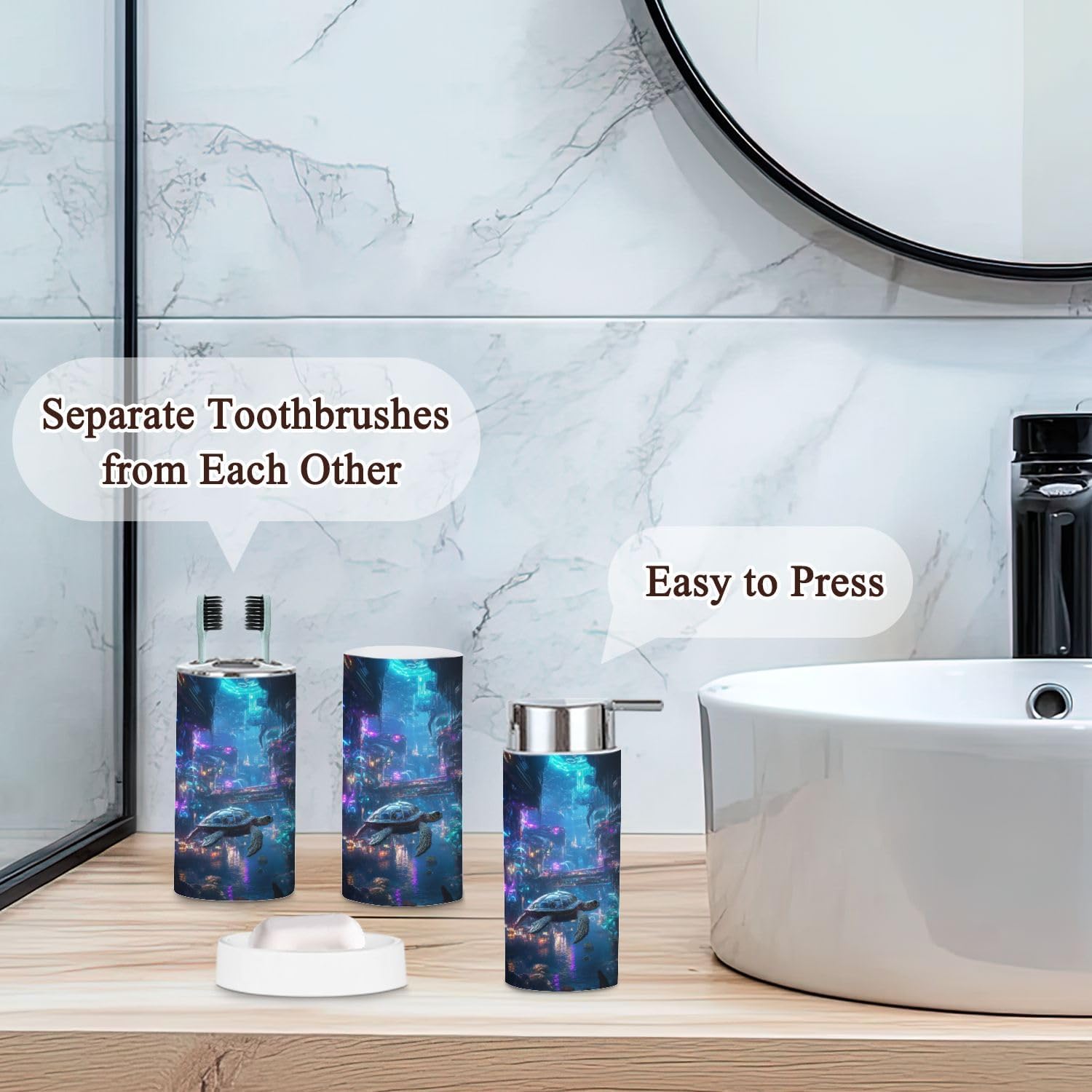 6-Piece Bathroom Accessories Set with Robotic Sea Turtle and Bioluminescent Plants