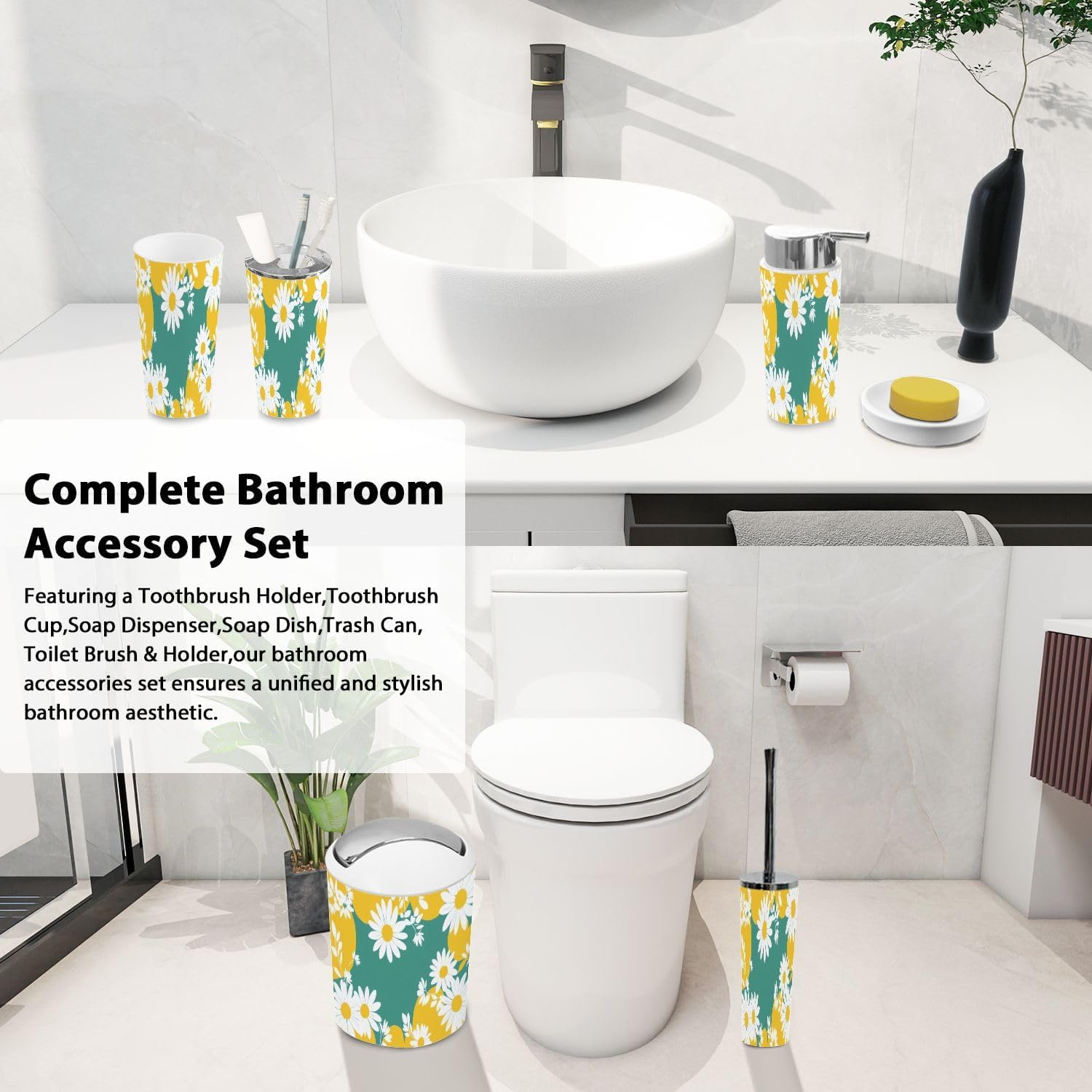 TRANQDEHOM 6 Piece Boho Daisy Flower Bathroom Accessory Set