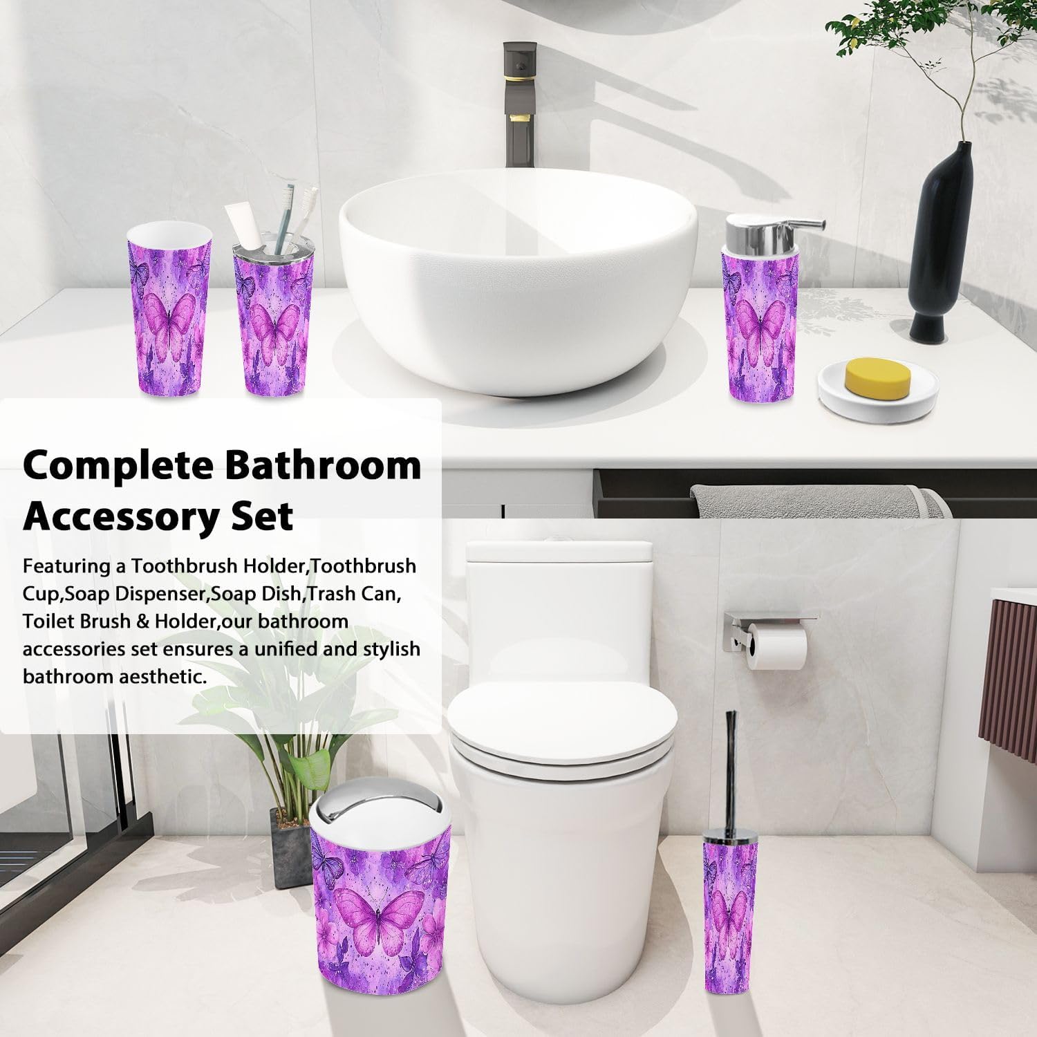 Boho Purple Bathroom Accessory Set 6 Piece 1