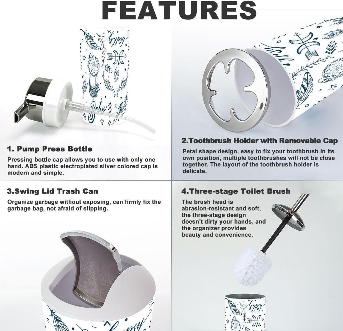 Bathroom Accessories Set 6 Pcs Seamless Boho Style Decor