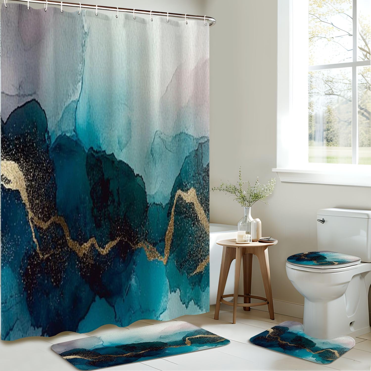JCOOKLOFTS 4 Piece Shower Curtain Set with Rugs Mats and Lid Cover