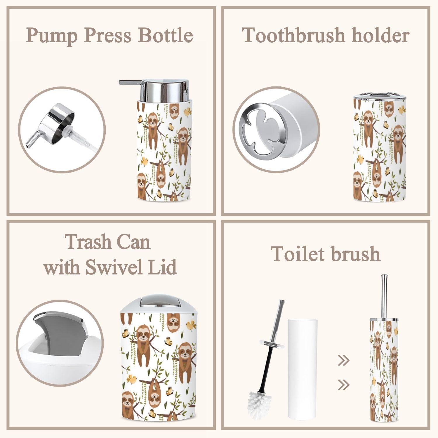 6 Piece Bathroom Accessories Set Sloth Design