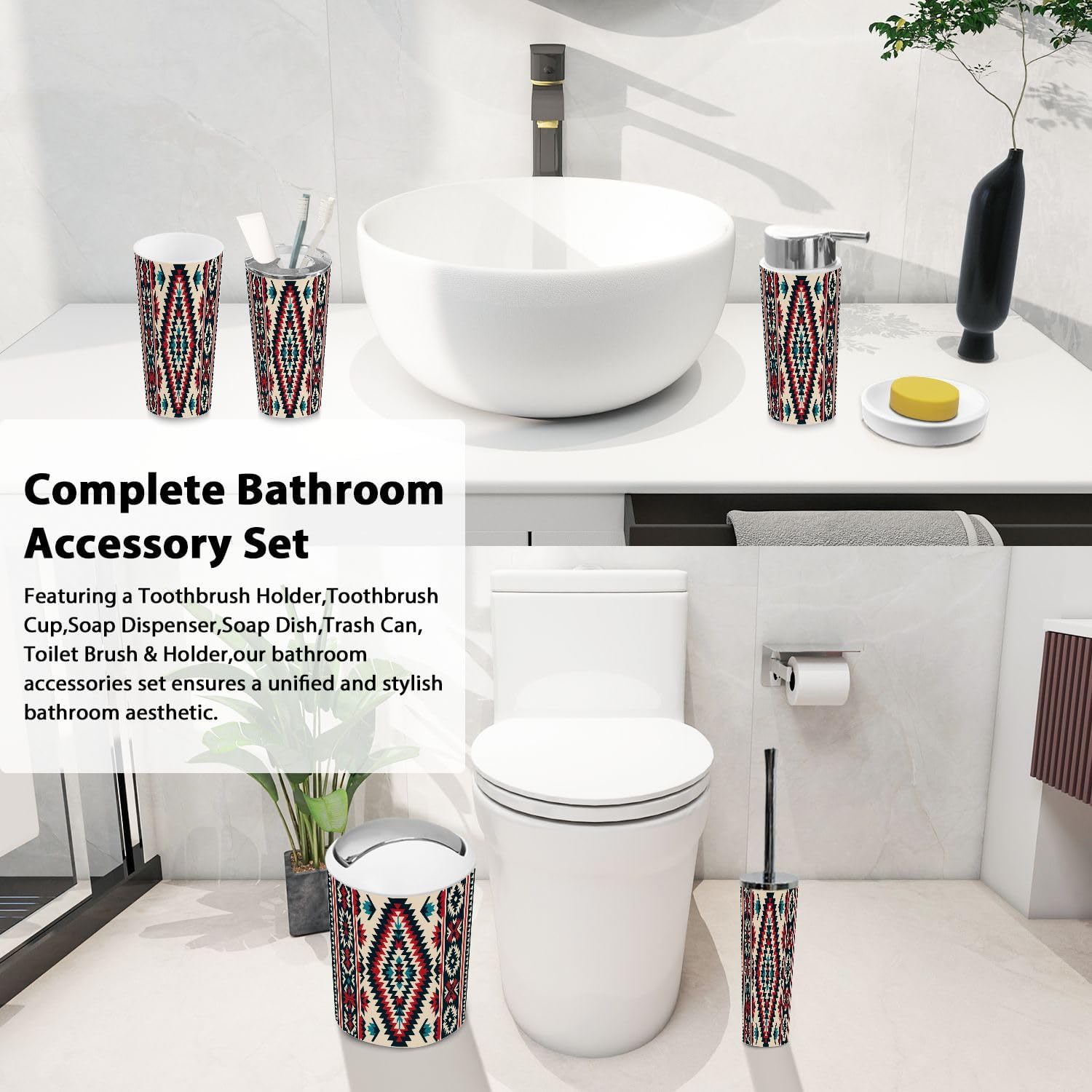 TRANQDEHOM Bathroom Accessory Set 6 Piece Boho Design