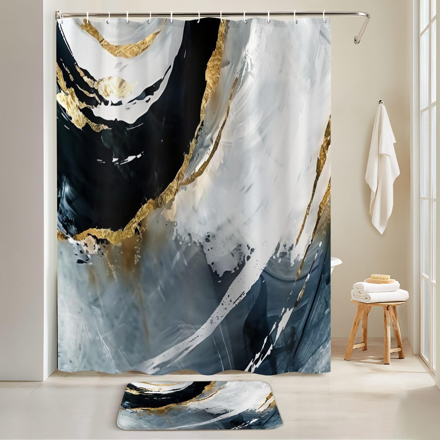 JCOOKLOFTS 4 Piece Shower Curtain Set with Rugs and Mat