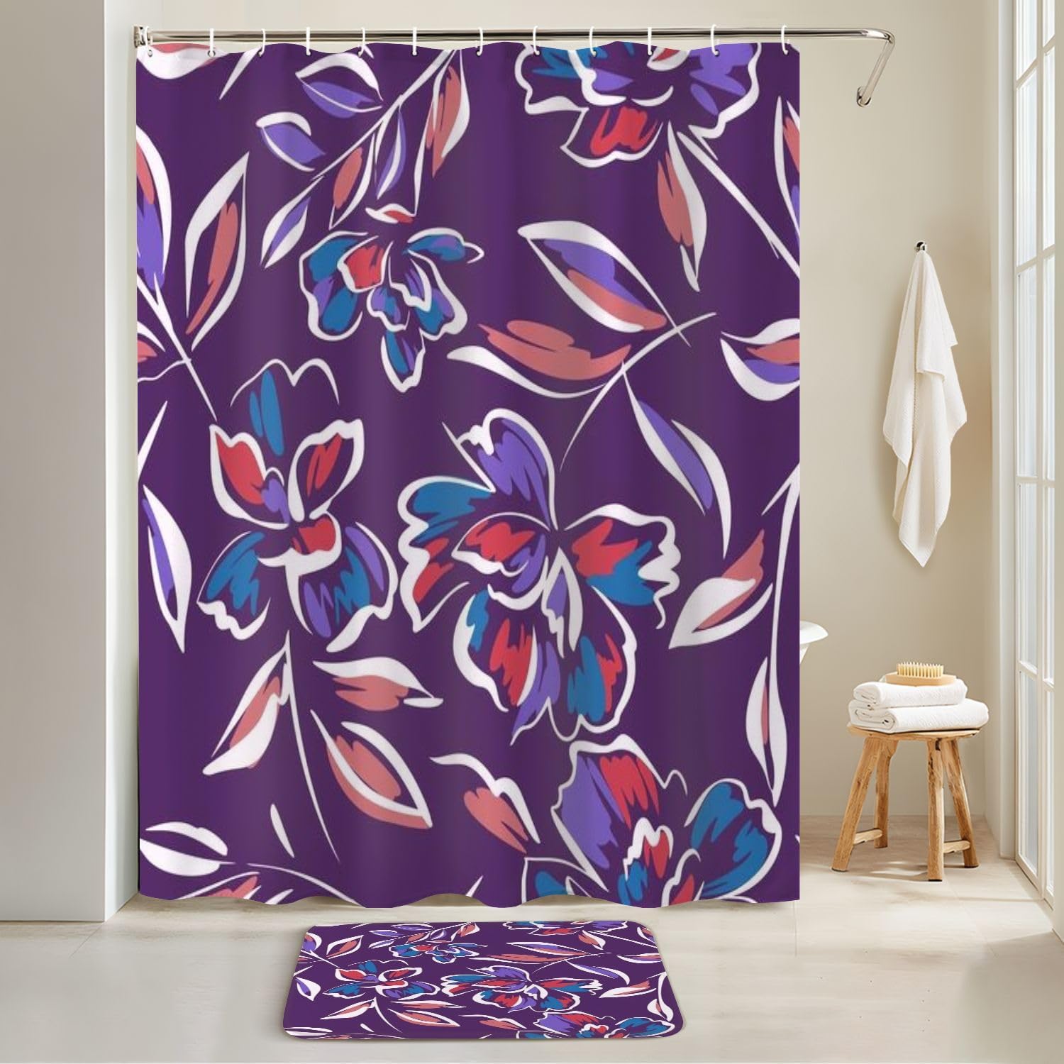 JCOOKLOFTS 4 Piece Summer Floral Shower Curtain Set