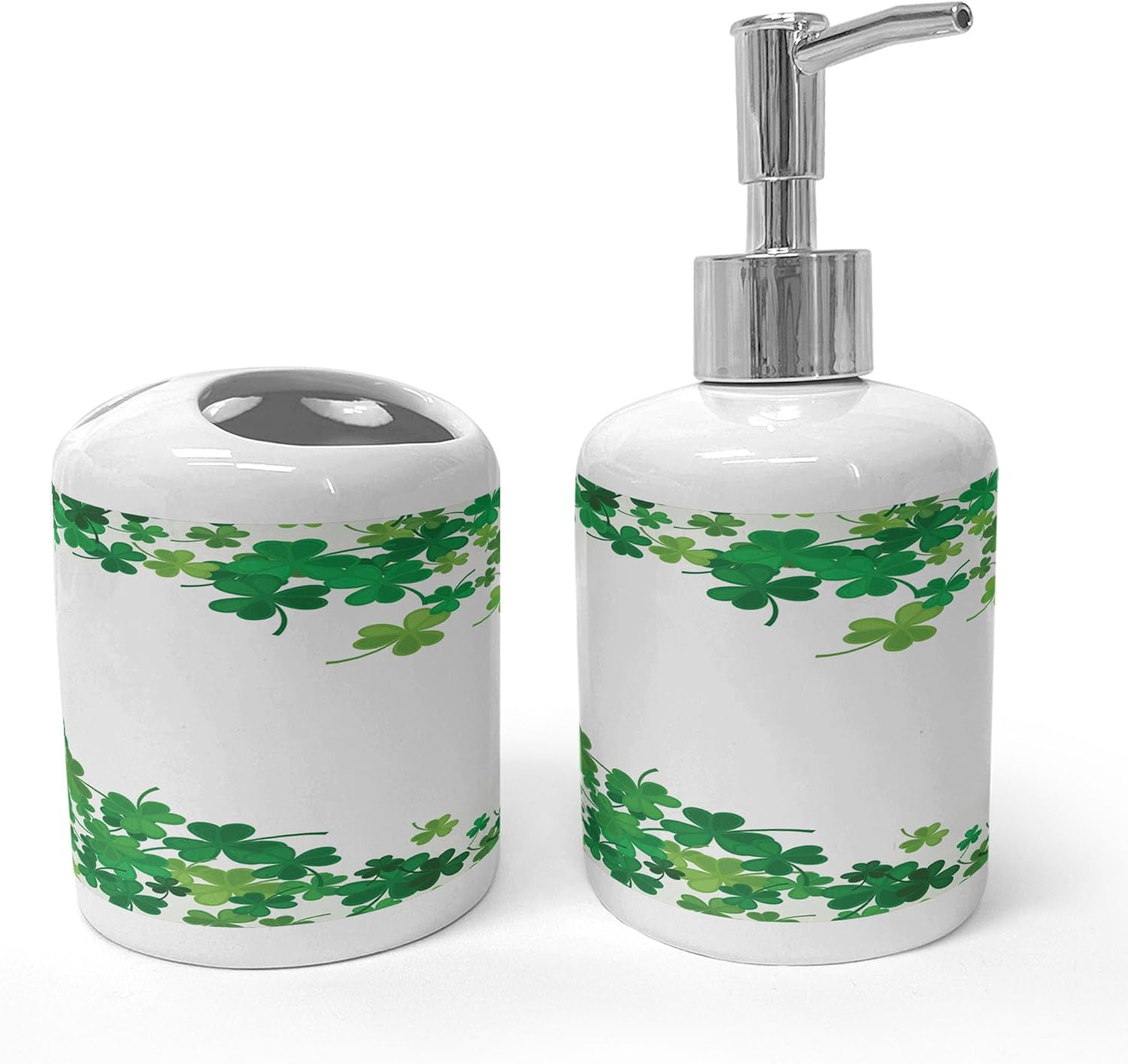 Ambesonne Clover Soap Dispenser Toothbrush Holder Set 2 Pcs Green Fern Green