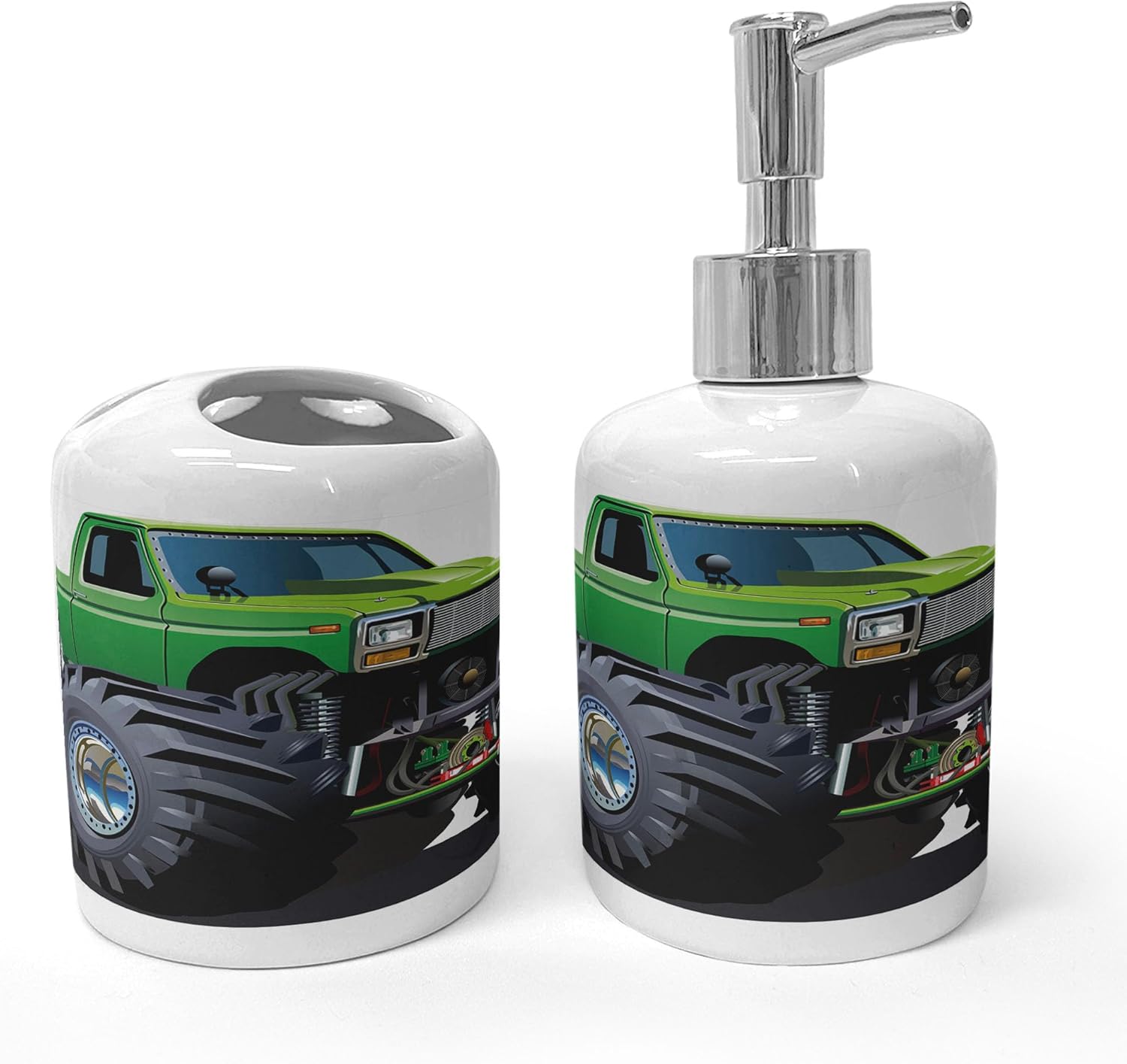 Ambesonne Giant Monster Truck Soap Dispenser Toothbrush Holder Set 2 Pcs Green Grey
