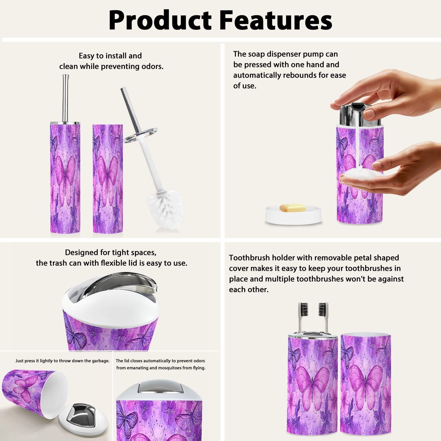Boho Purple Bathroom Accessory Set 6 Piece 1