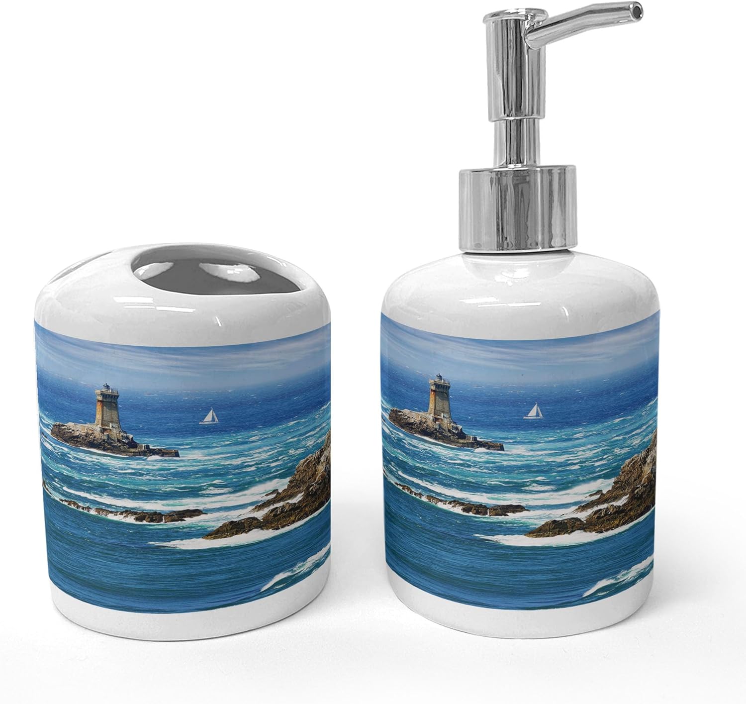 Ambesonne Lighthouse Soap Toothbrush Holder Set Ceramic 2 Pcs Blue Grey White