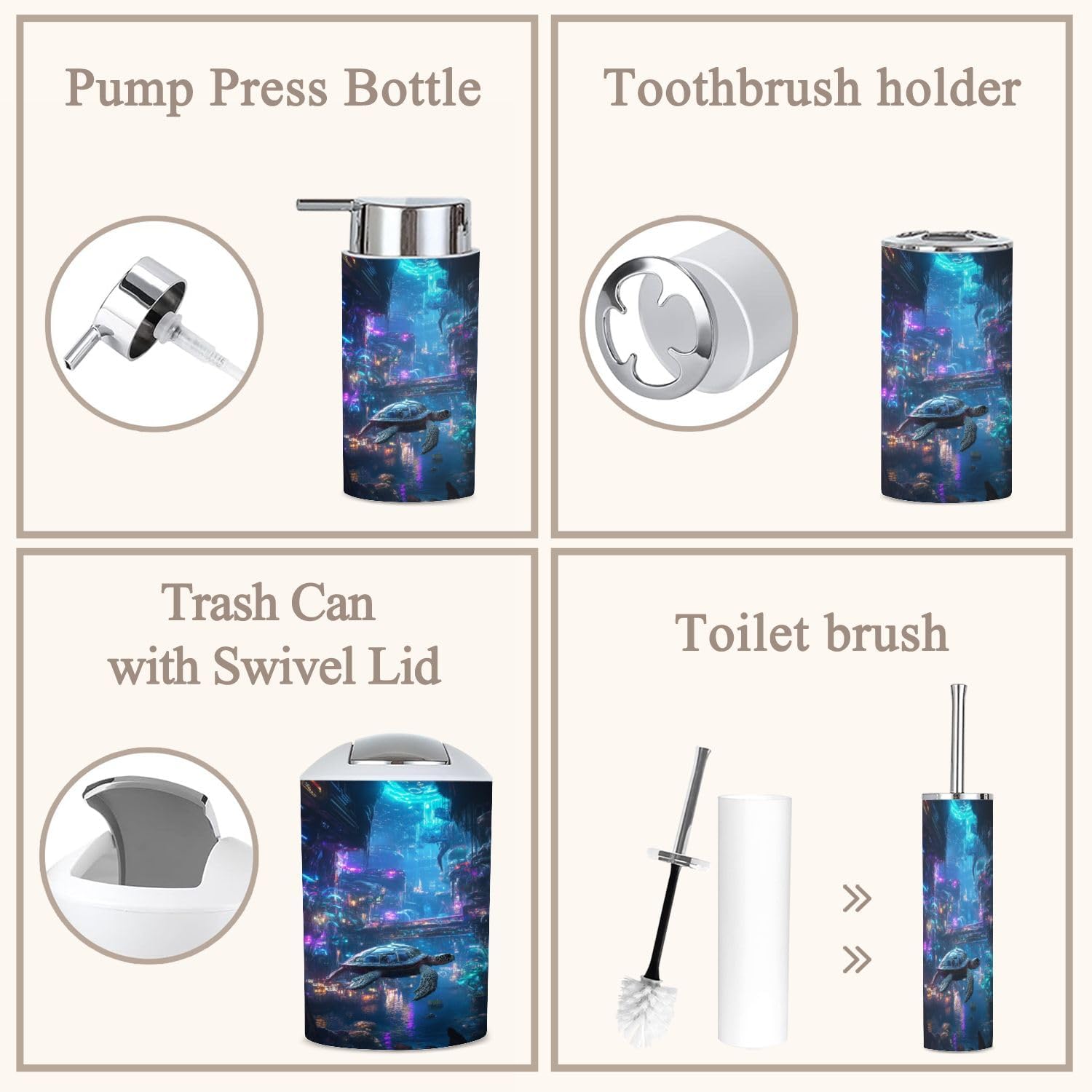 6-Piece Bathroom Accessories Set with Robotic Sea Turtle and Bioluminescent Plants