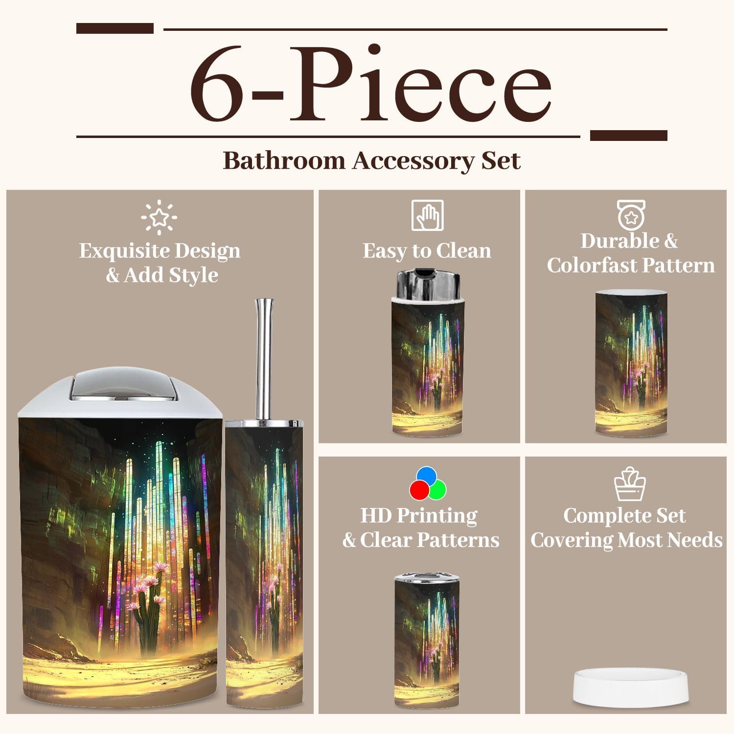 6 Piece Bathroom Accessories Set with Saguaro Cactus Stained Glass Design