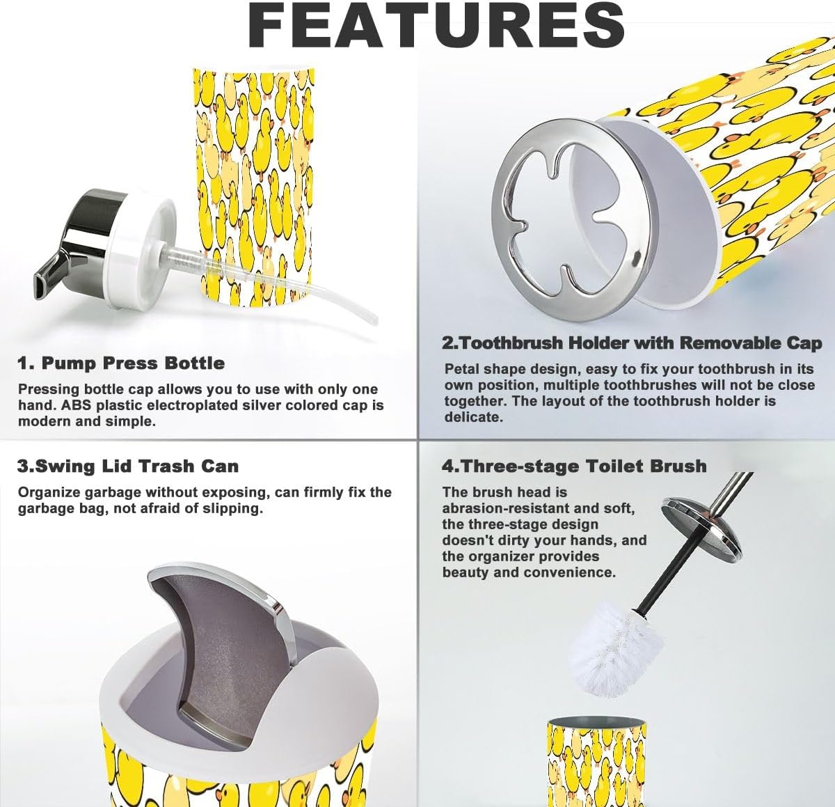 Duck Pattern Rubber Duck Bathroom Accessories Set 6 Pcs