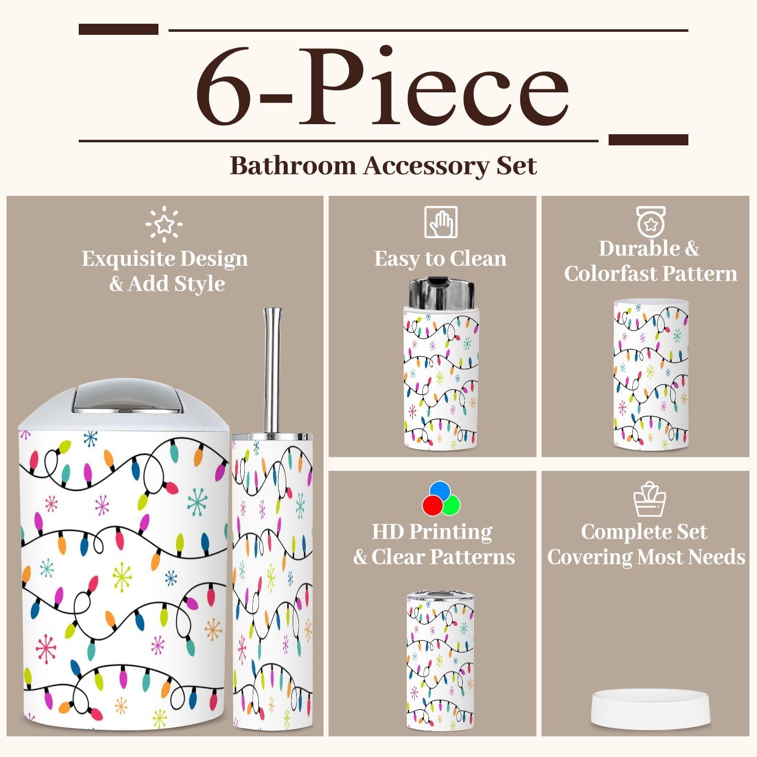 6 Piece Bathroom Accessories Set with Christmas Light Snowflakes Design