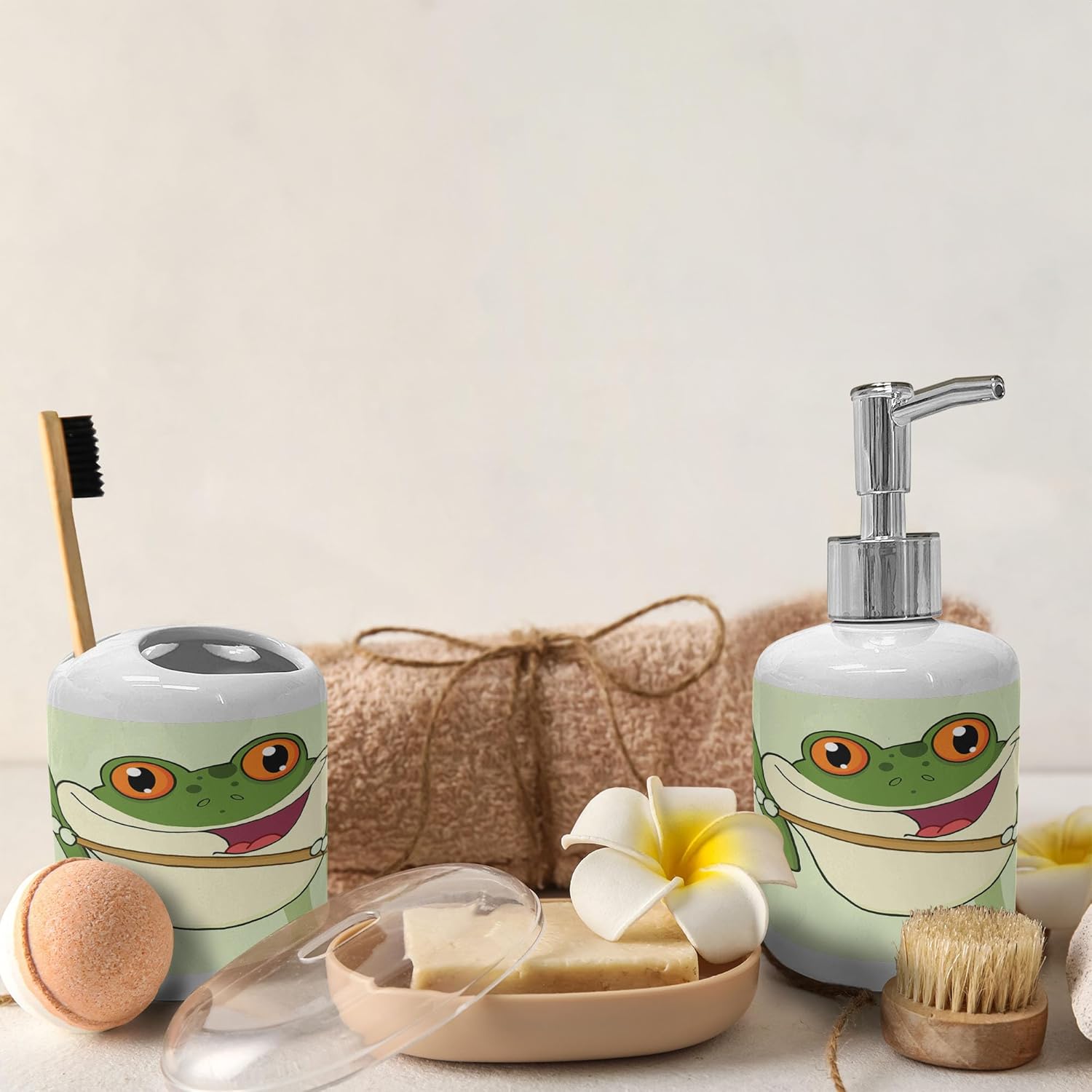 Ambesonne Frogs Soap Dispenser Toothbrush Holder Set