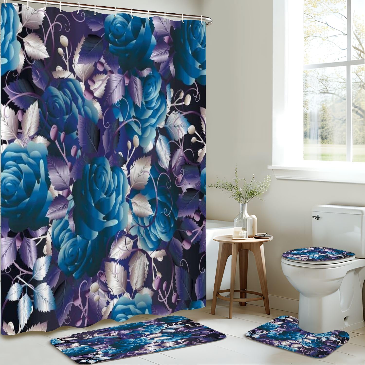 4 Pieces Shower Curtain Set with Rugs and Mats 1