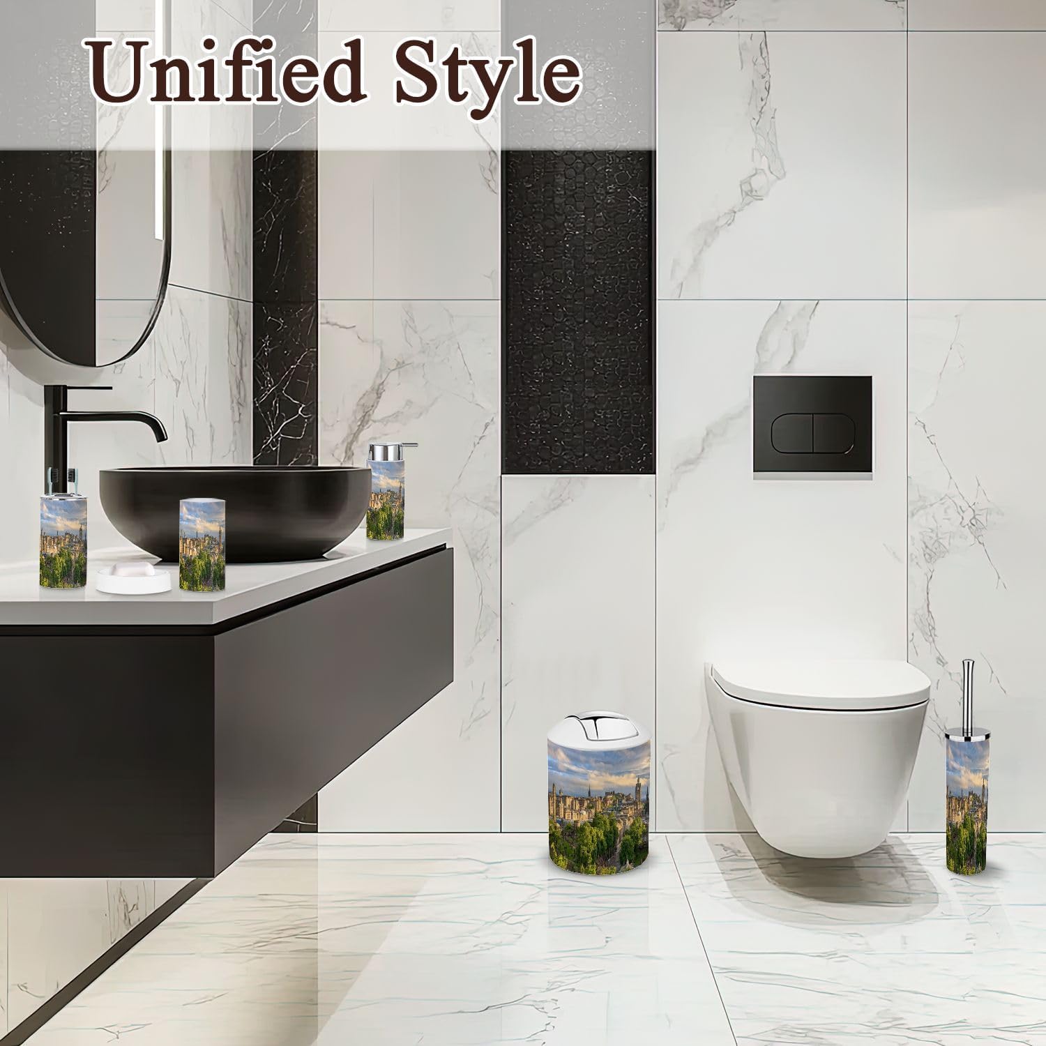 6 Piece Bathroom Accessories Set with Skyline Sunset Design