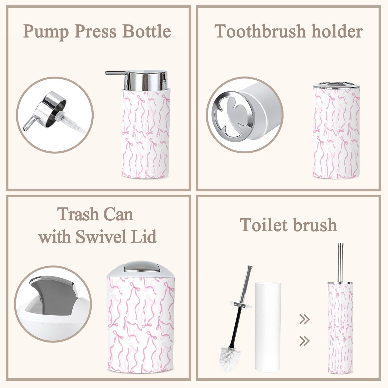 6 Piece Bathroom Accessories Set in Elegant Pink and White
