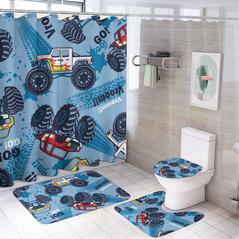Kuizee 4-Piece Monster Truck Shower Curtain Set with Rugs and 12 Hooks