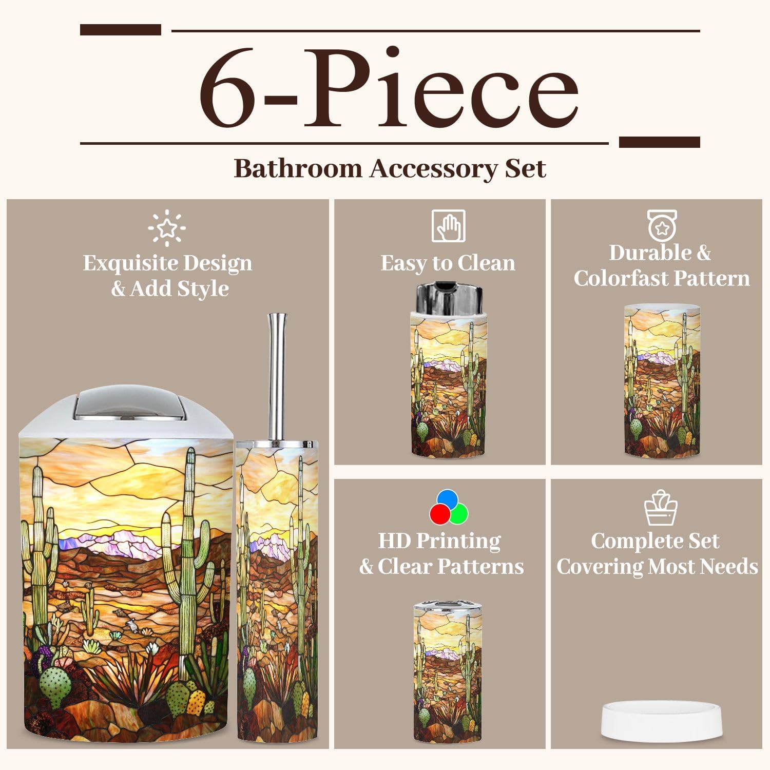 6 Piece Bathroom Accessories Set with Desert Cacti Stained Glass Design