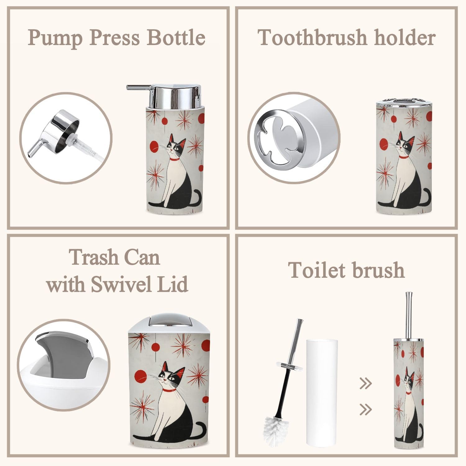 6 Piece Bathroom Accessories Set with Cats Print 1
